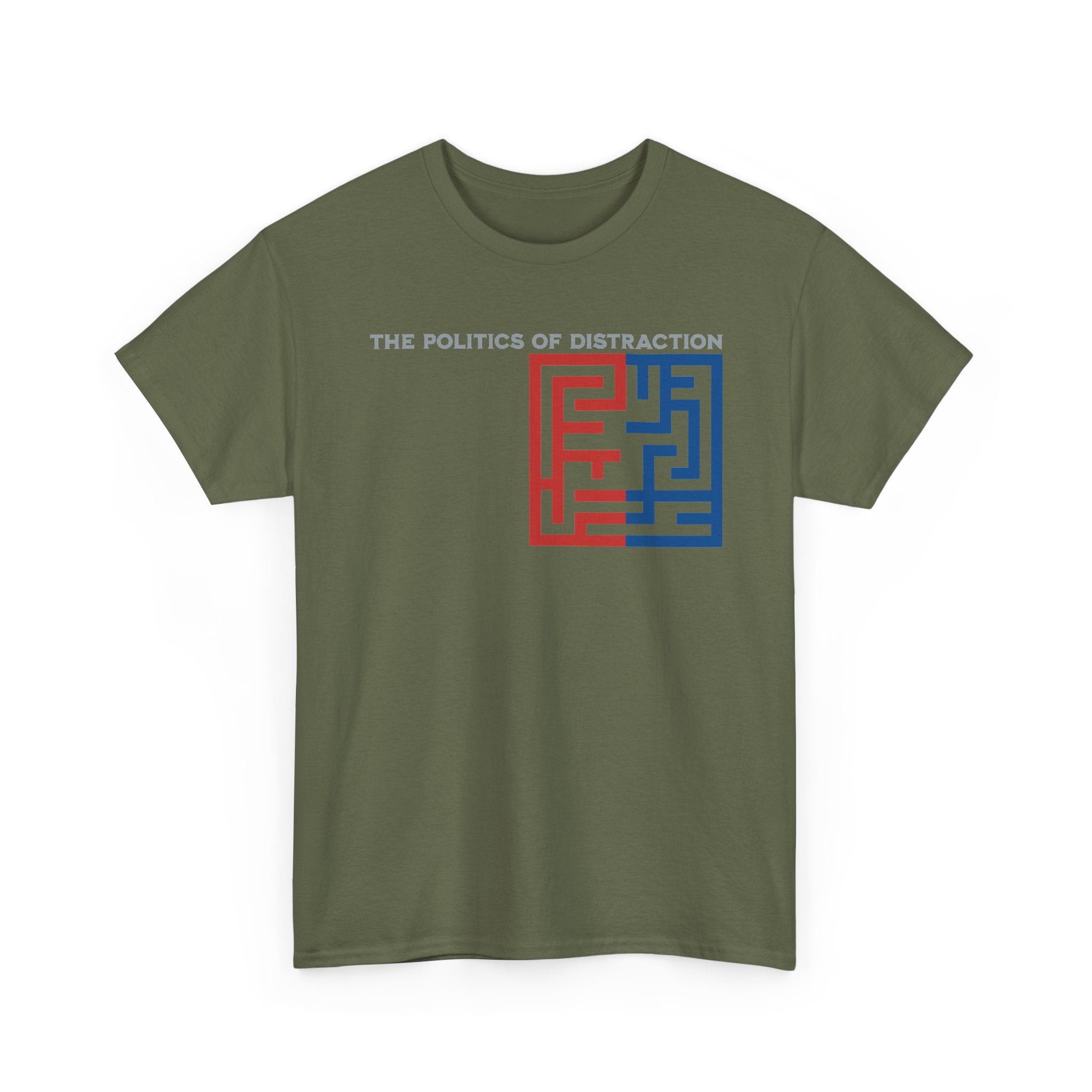 The Politics of Distraction Maze Tee — Red & Blue Graphic T-Shirt