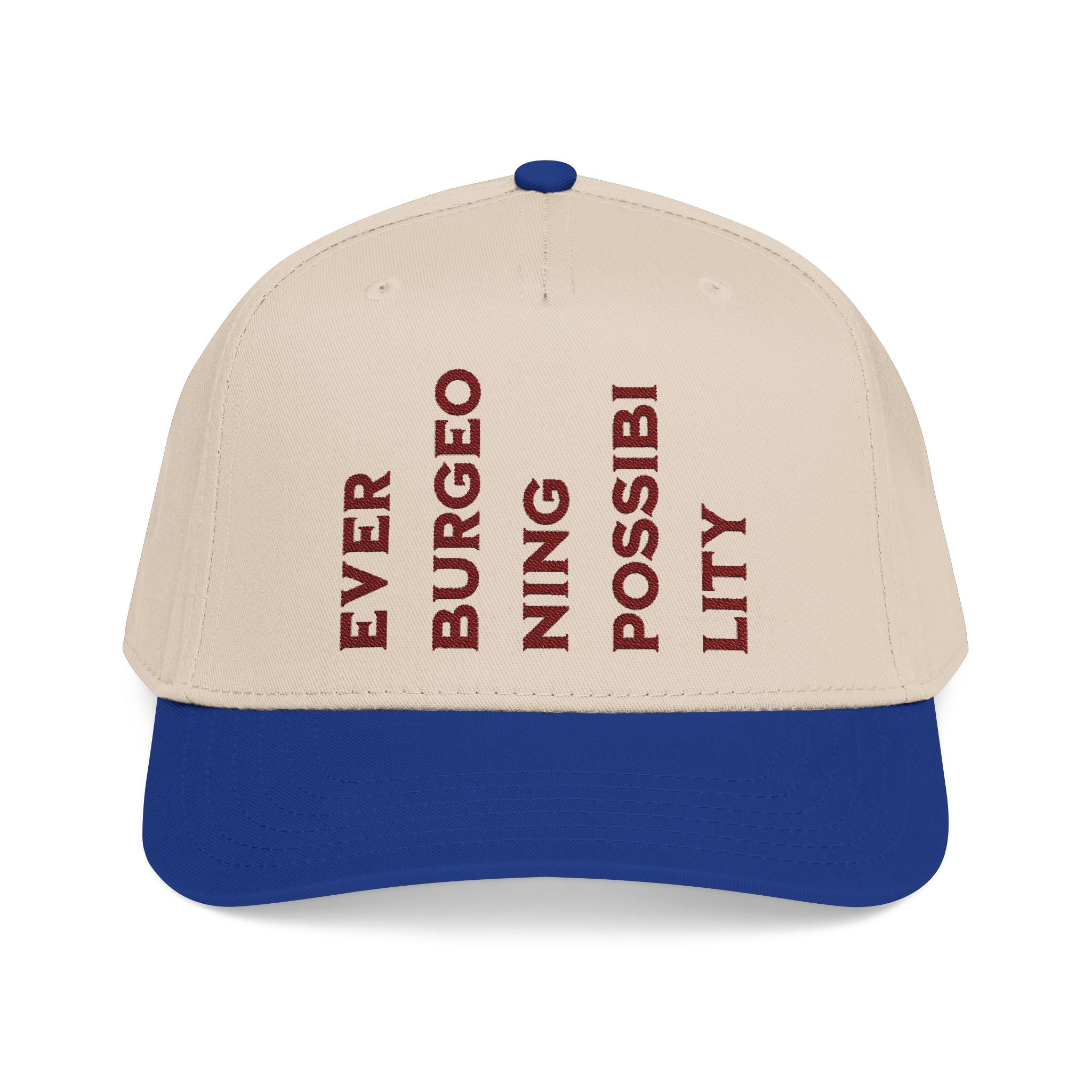 "Ever Burgeoning Possibility" Vertical Text Embroidered Hat