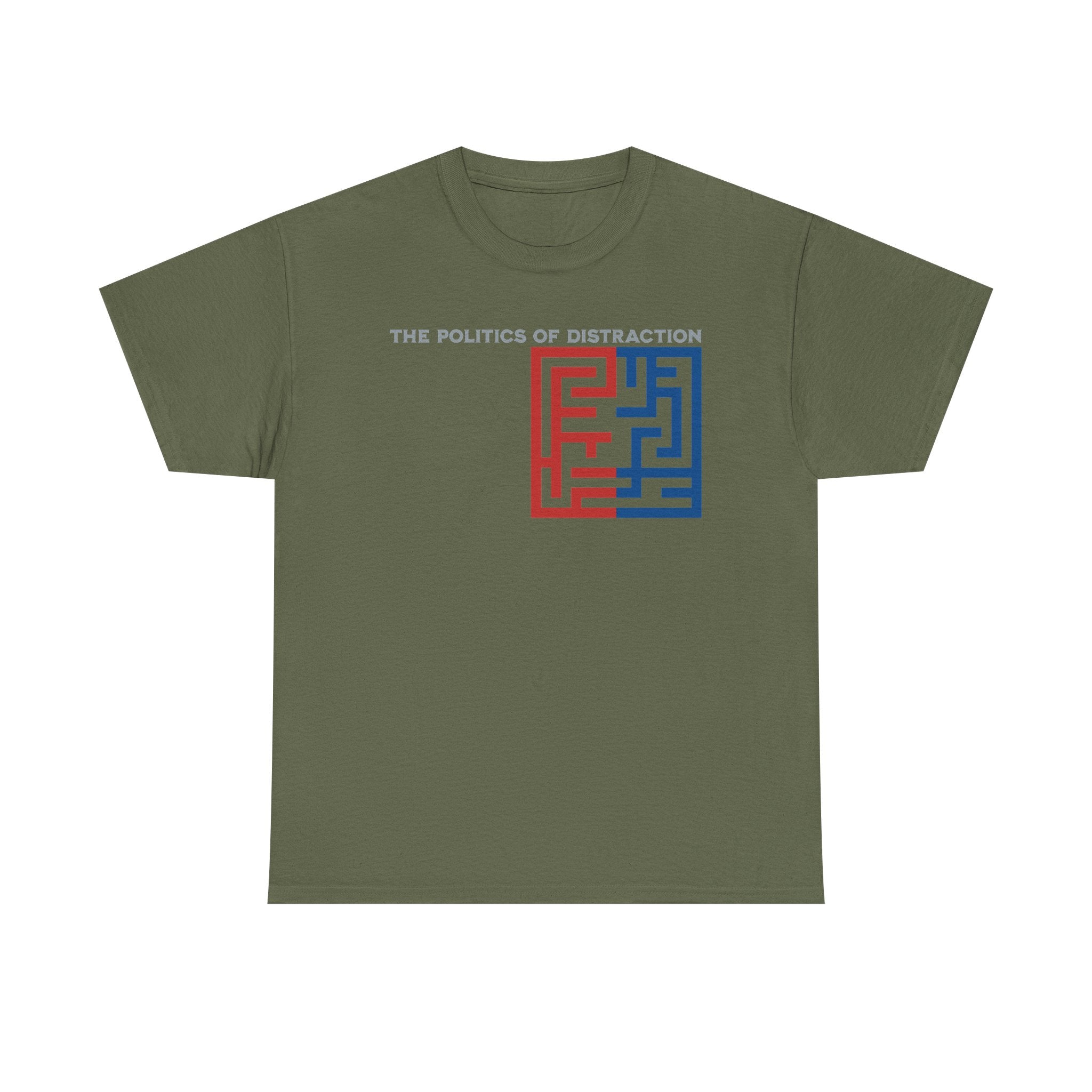 The Politics of Distraction Maze Tee — Red & Blue Graphic T-Shirt