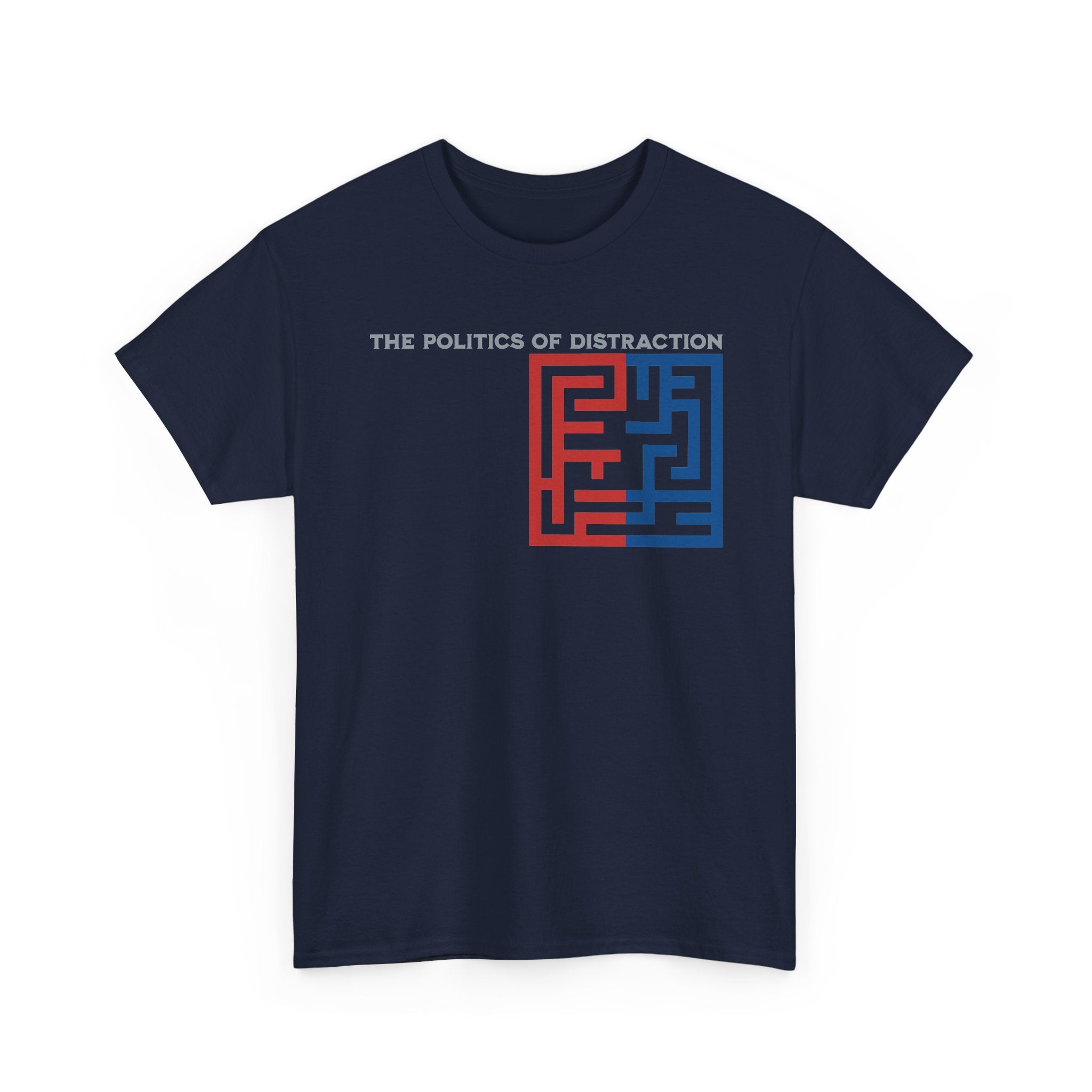 The Politics of Distraction Maze Tee — Red & Blue Graphic T-Shirt