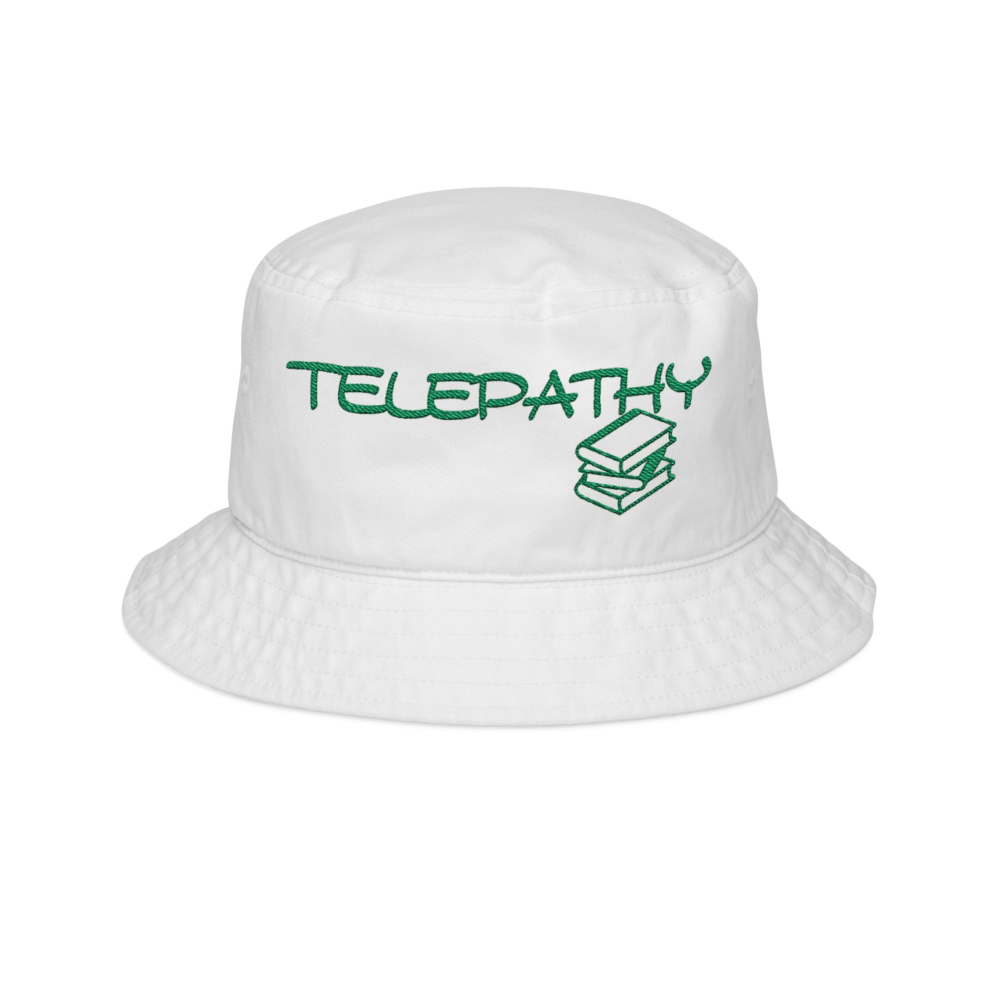 Telepathy Embroidered Bucket Hat — Green Script with Book Icon