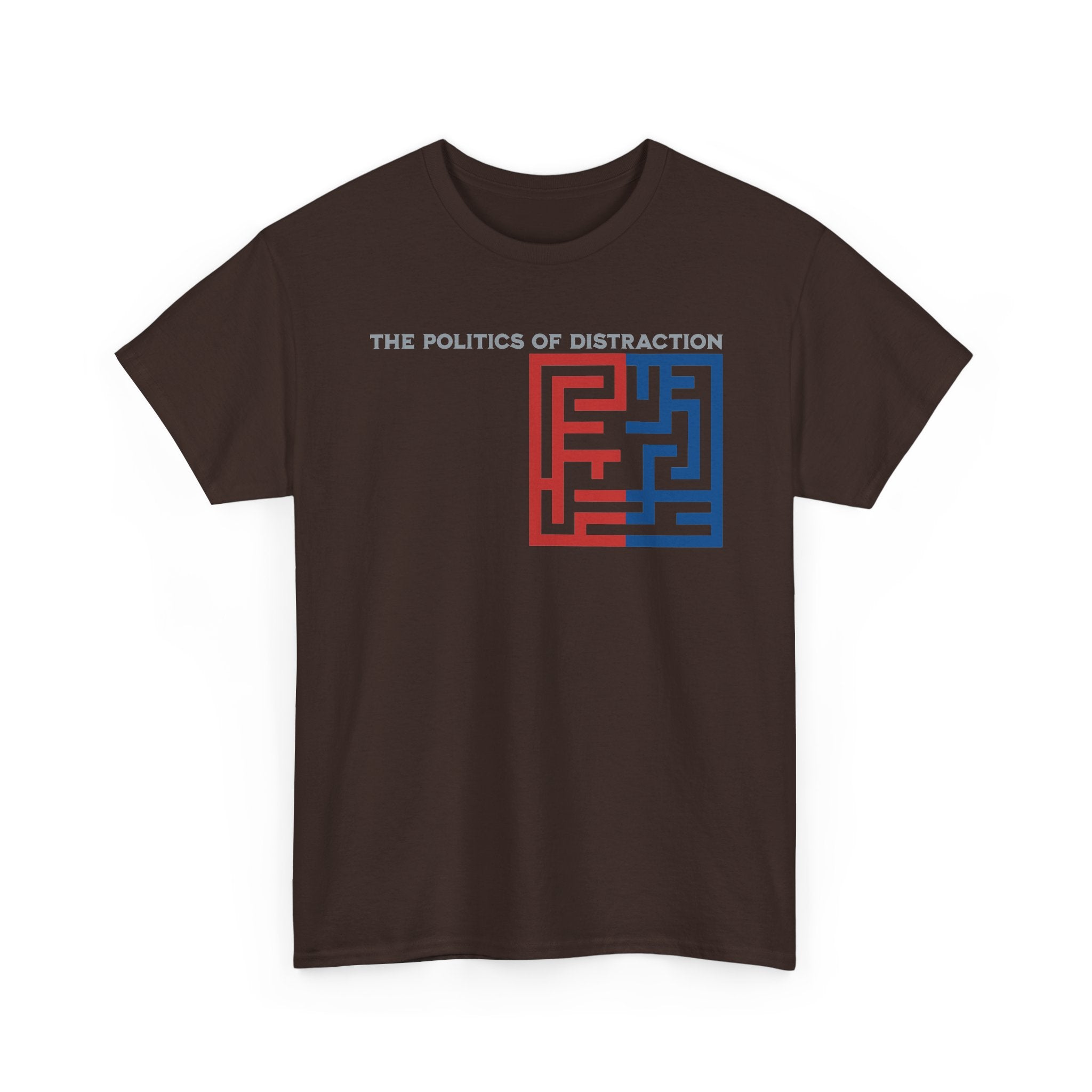 The Politics of Distraction Maze Tee — Red & Blue Graphic T-Shirt