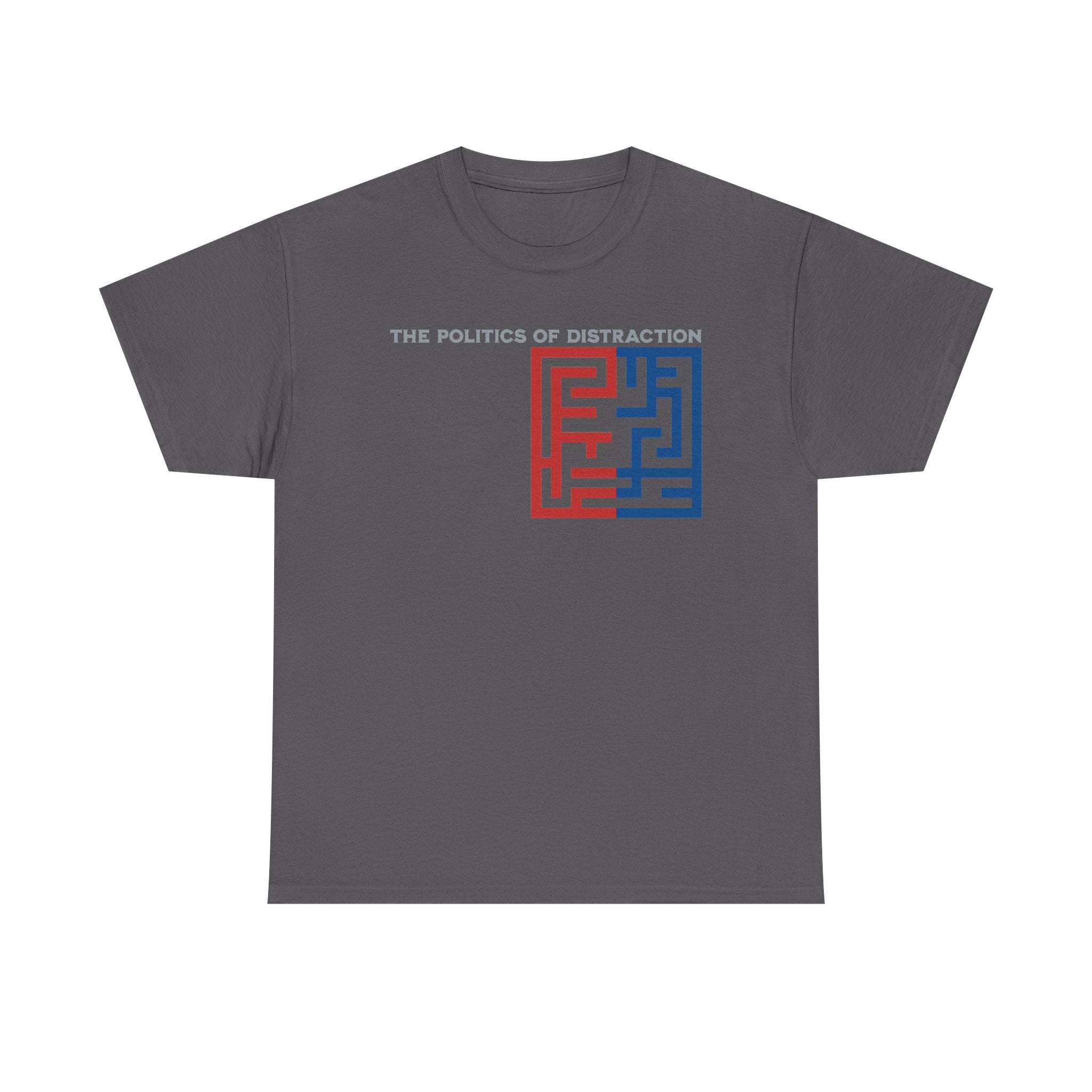 The Politics of Distraction Maze Tee — Red & Blue Graphic T-Shirt