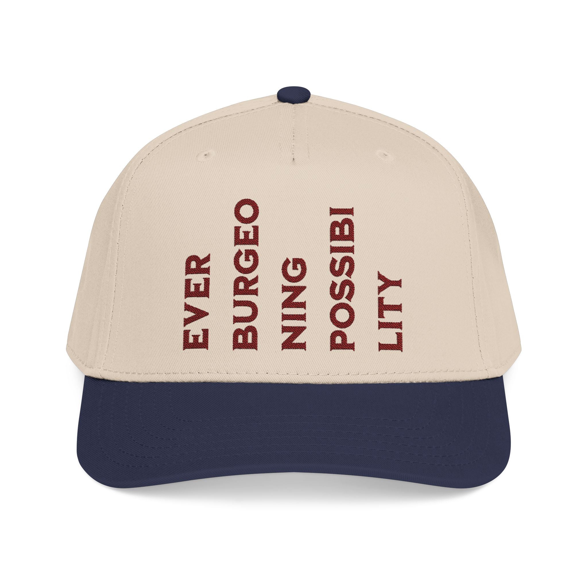 "Ever Burgeoning Possibility" Vertical Text Embroidered Hat