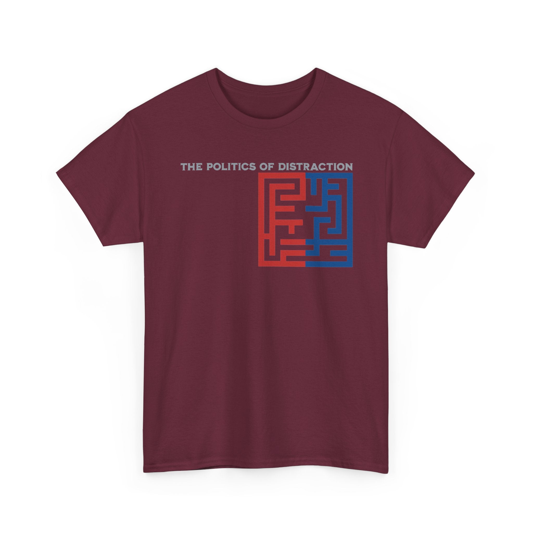 The Politics of Distraction Maze Tee — Red & Blue Graphic T-Shirt