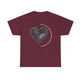The Very Real Cosmic Connection — Heart Nebula Graphic Tee with White Text