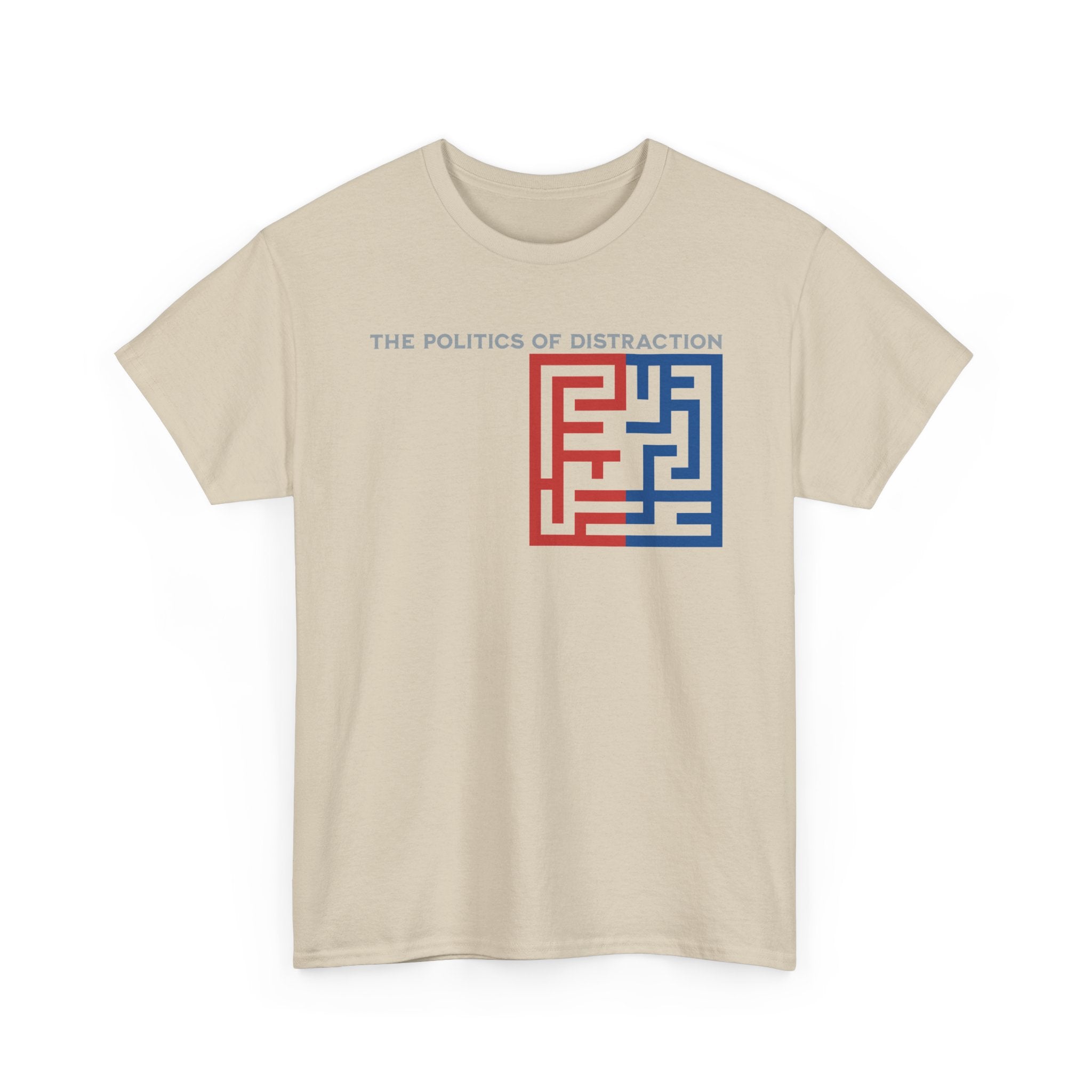 The Politics of Distraction Maze Tee — Red & Blue Graphic T-Shirt
