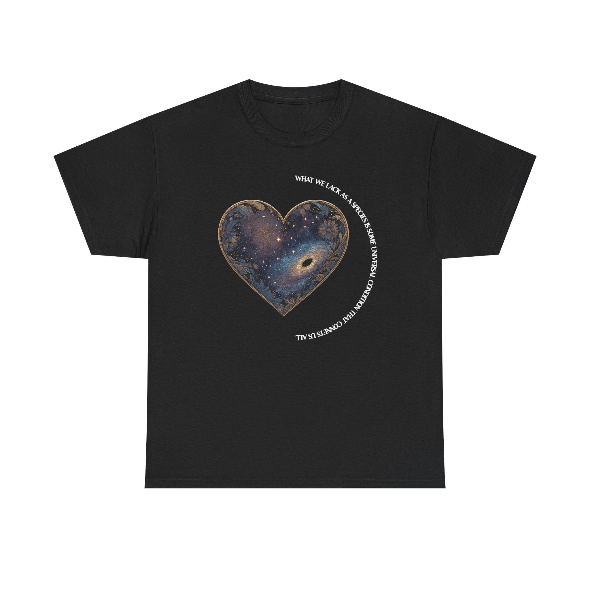The Very Real Cosmic Connection — Heart Nebula Graphic Tee with White Text