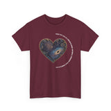 The Very Real Cosmic Connection — Heart Nebula Graphic Tee with White Text