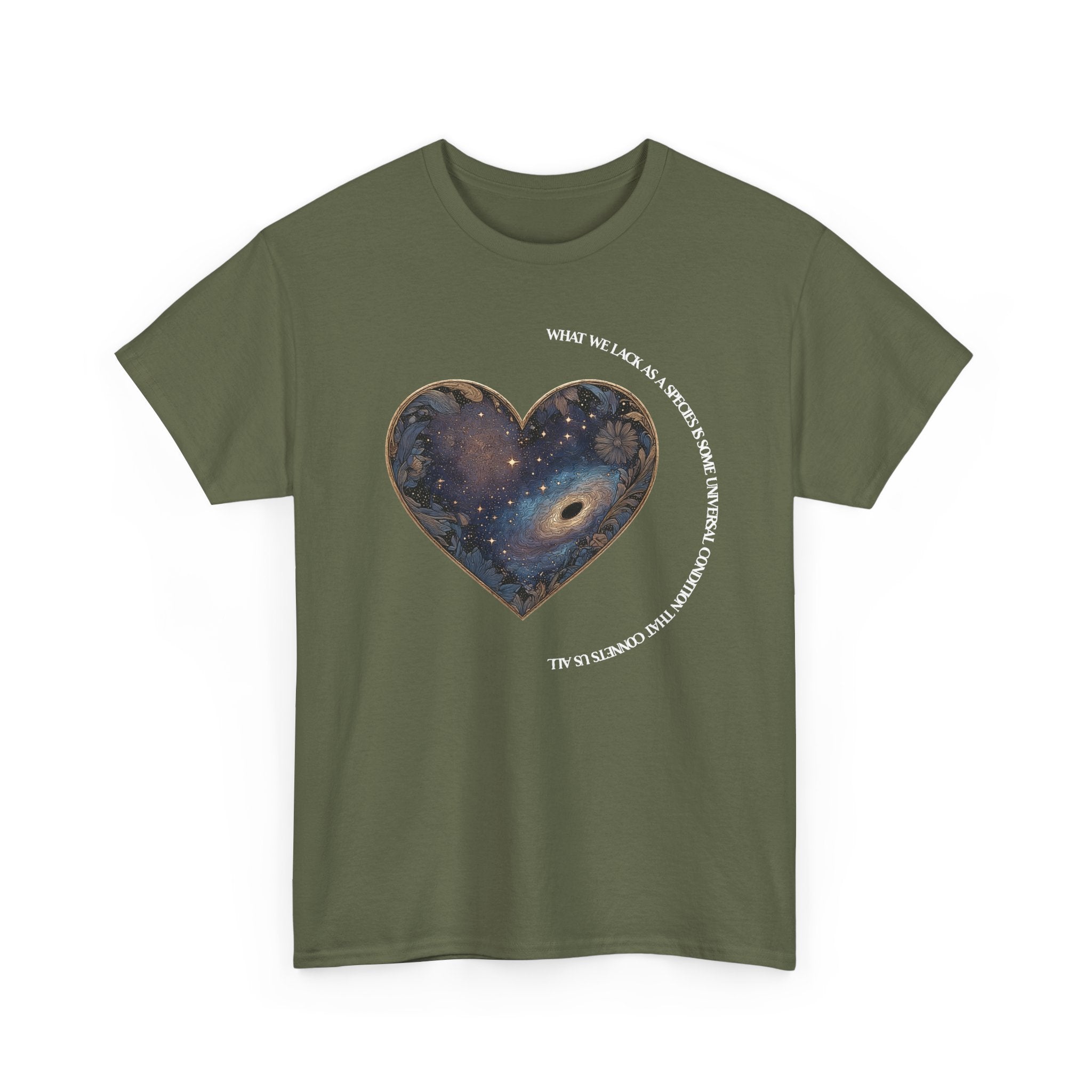 The Very Real Cosmic Connection — Heart Nebula Graphic Tee with White Text