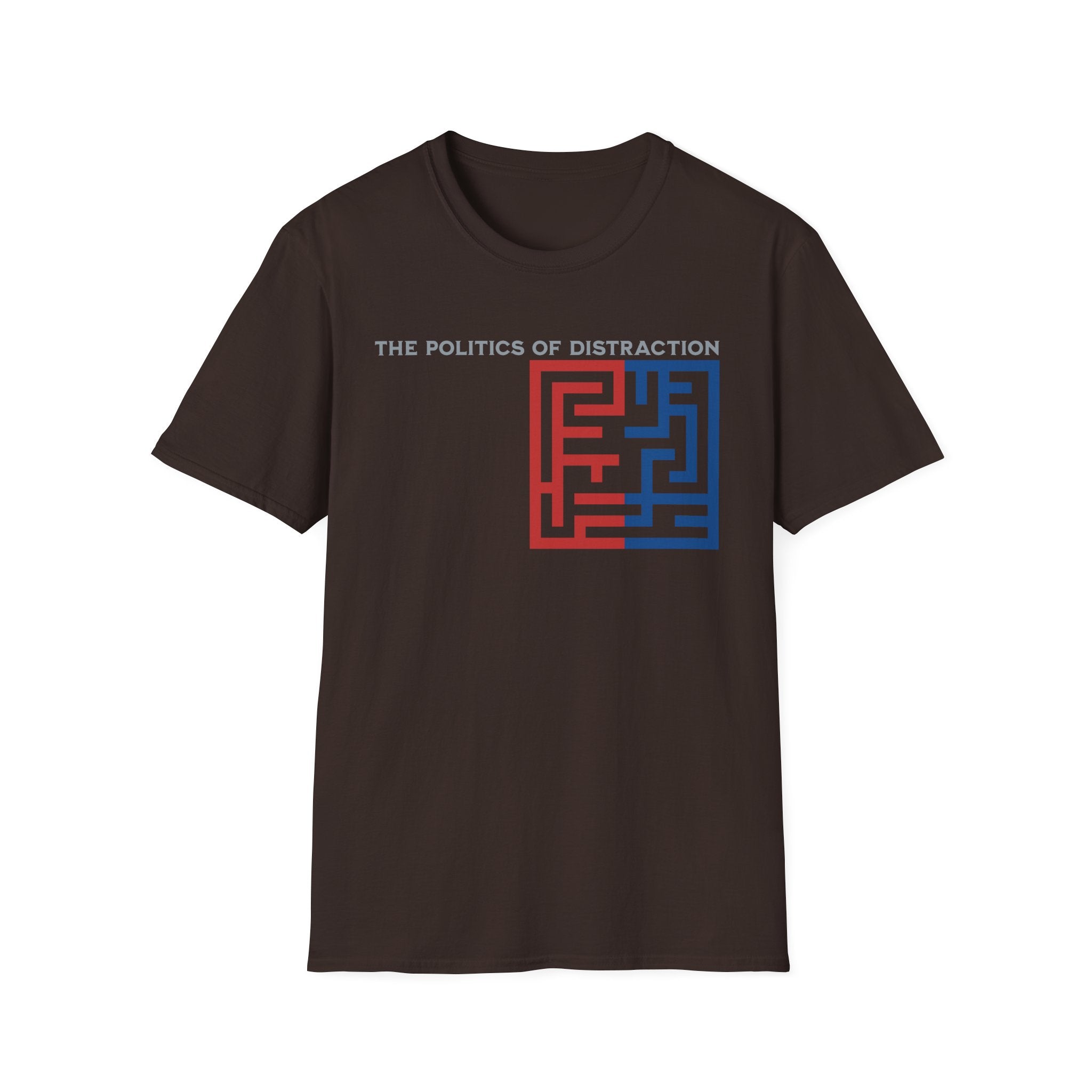 The Politics of Distraction Maze Tee — Red & Blue Graphic T-Shirt