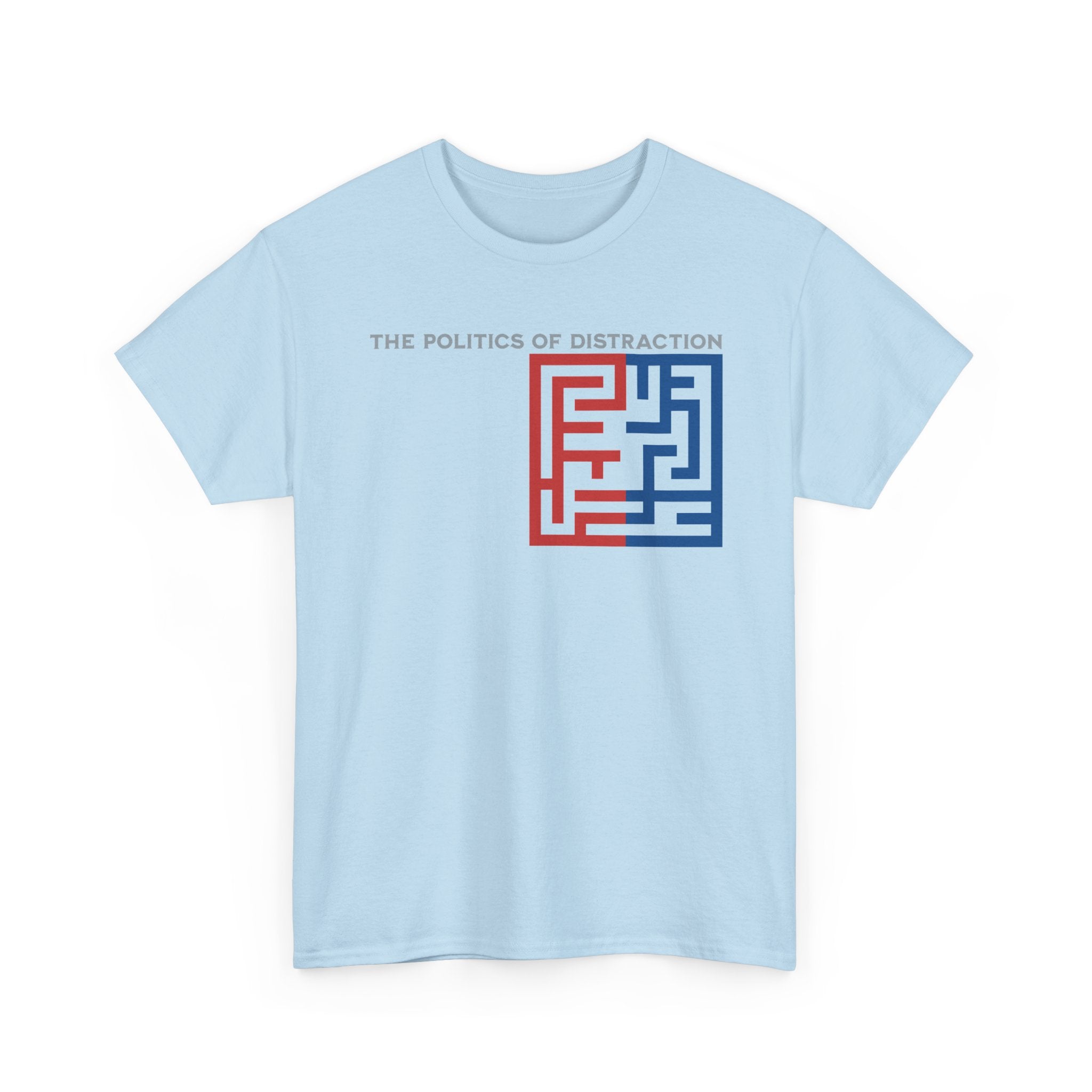 The Politics of Distraction Maze Tee — Red & Blue Graphic T-Shirt