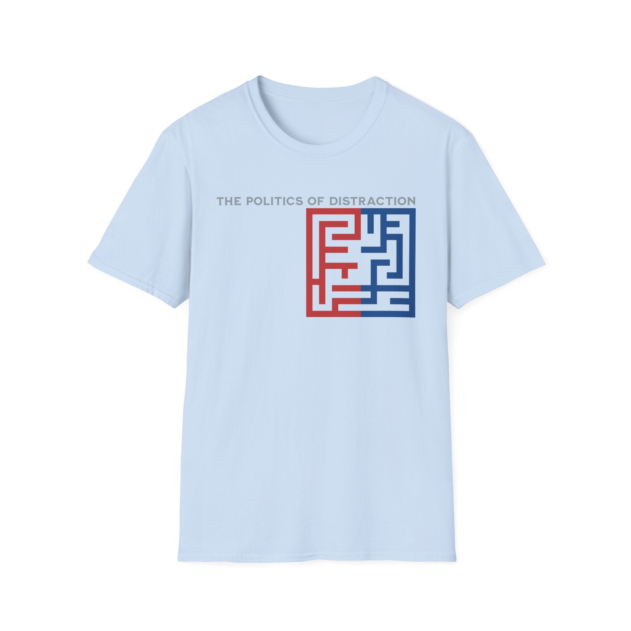 The Politics of Distraction Maze Tee — Red & Blue Graphic T-Shirt