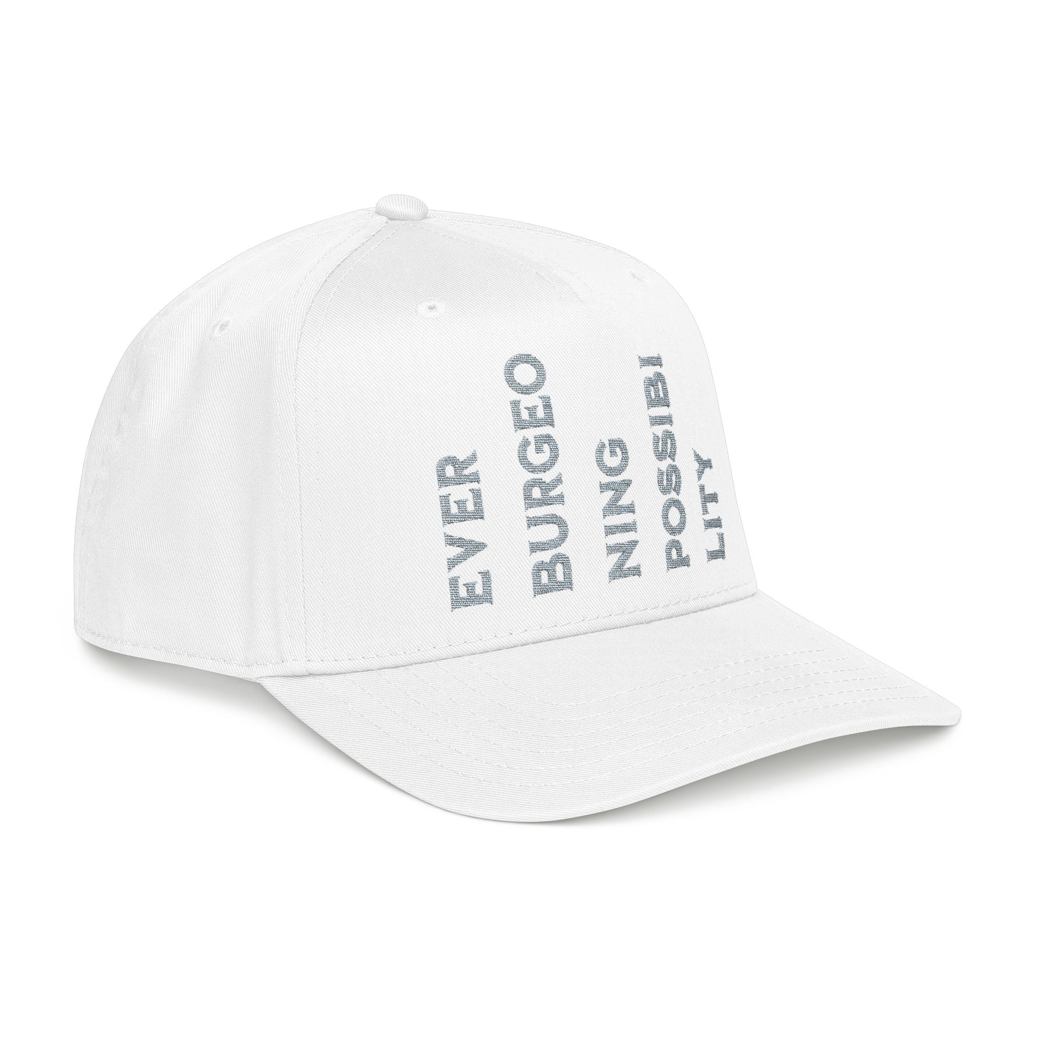 "Ever Burgeoning Possibility" Vertical Text Embroidered Hat