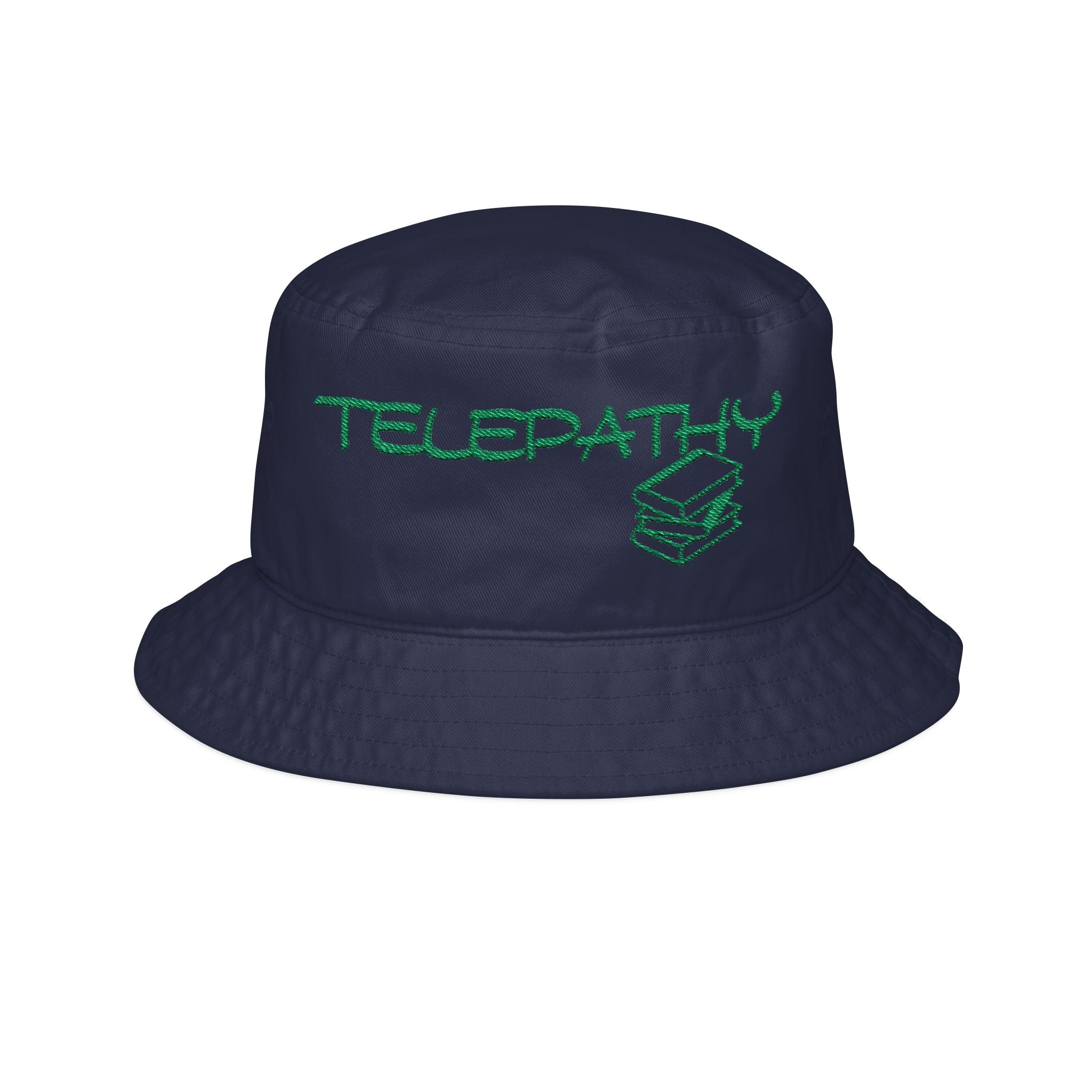 Telepathy Embroidered Bucket Hat — Green Script with Book Icon