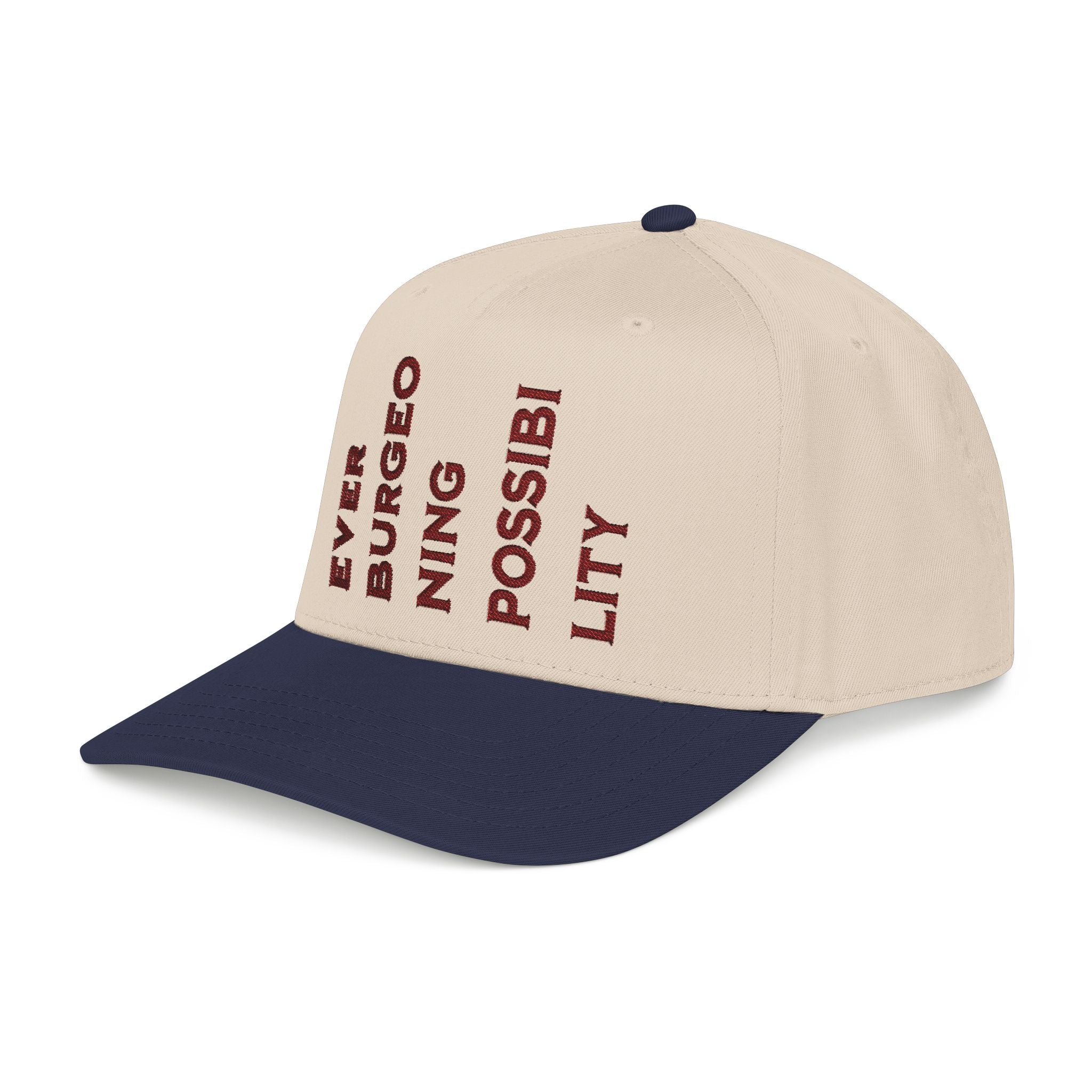 "Ever Burgeoning Possibility" Vertical Text Embroidered Hat