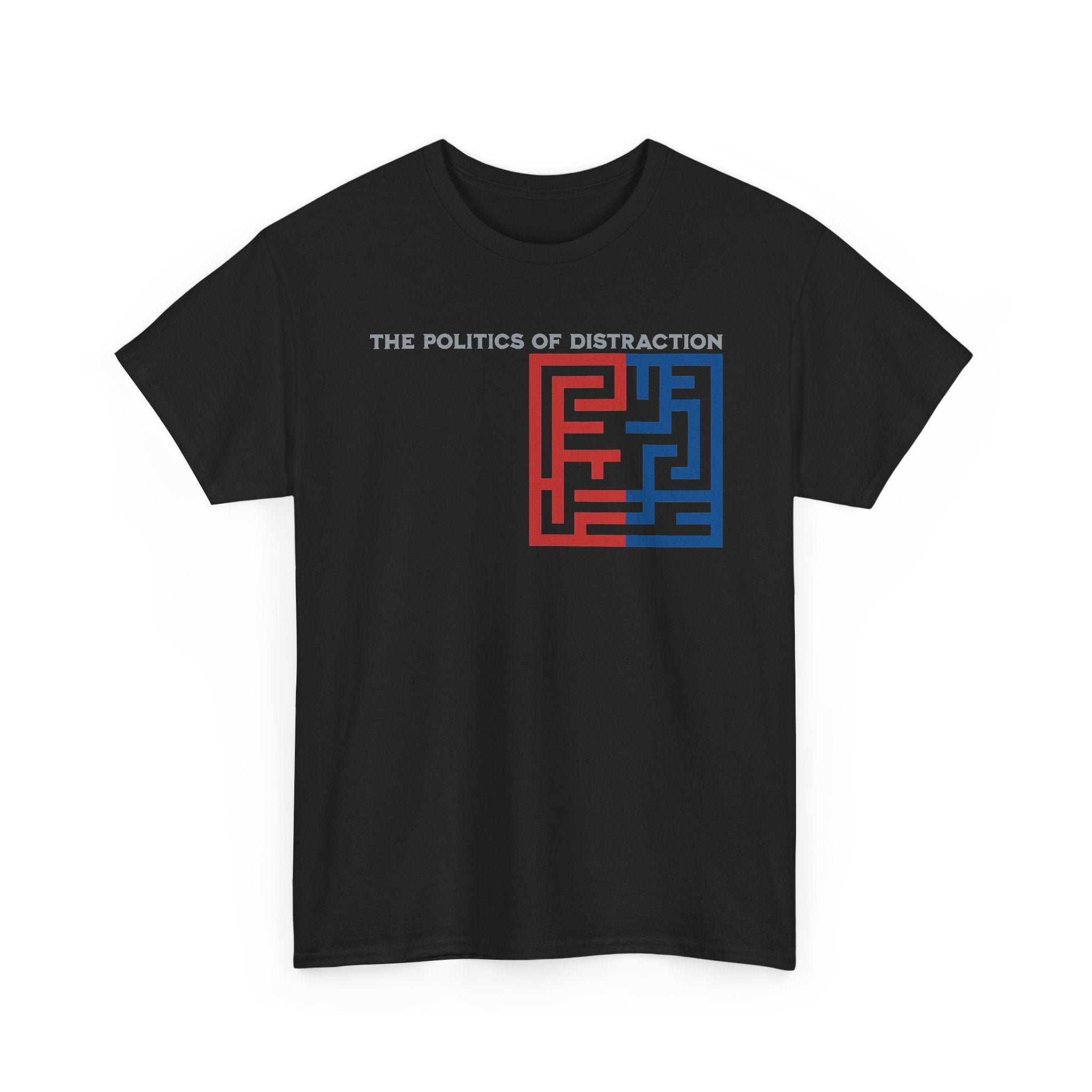 The Politics of Distraction Maze Tee — Red & Blue Graphic T-Shirt