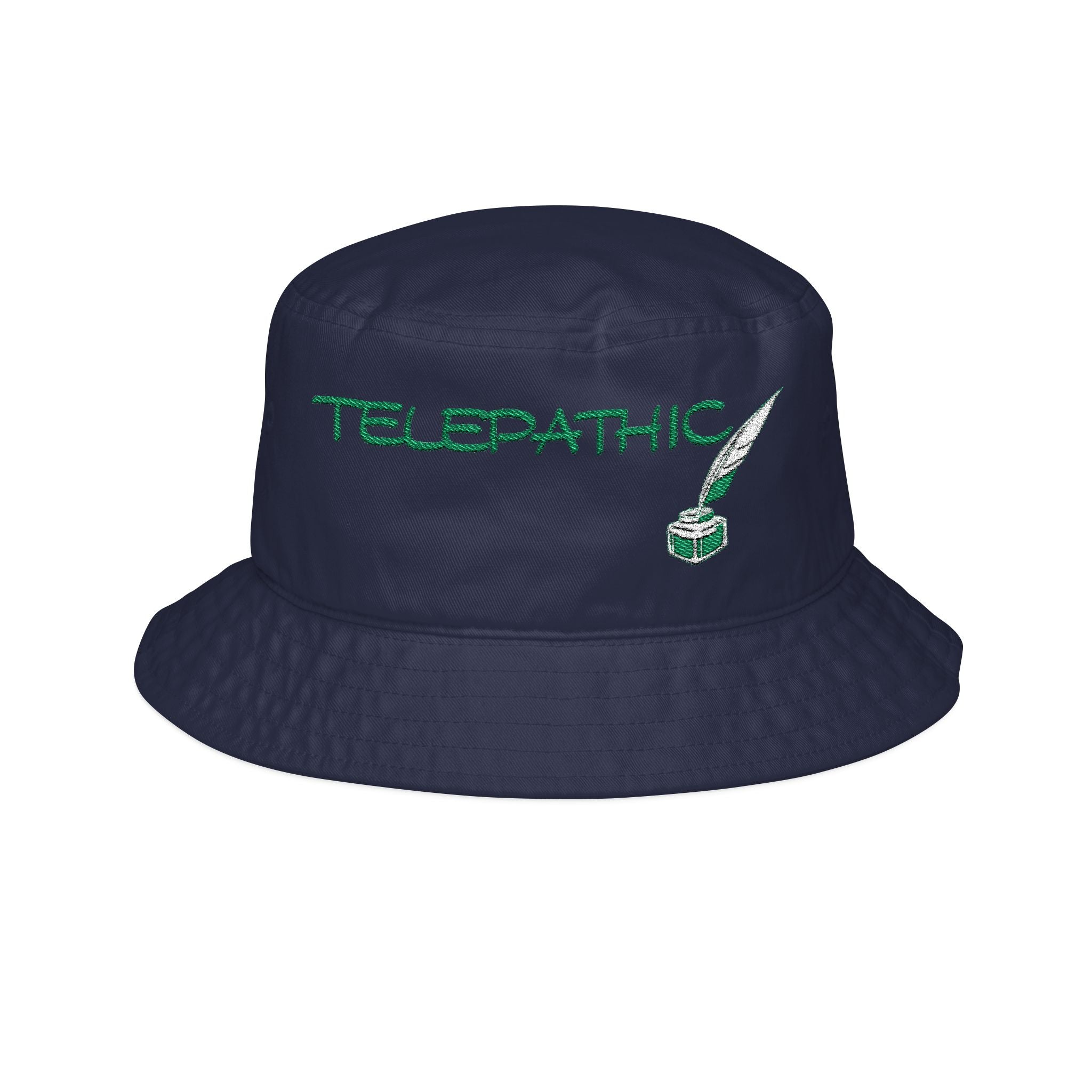 Telepathy Embroidered Bucket Hat — Green Script with Book Icon