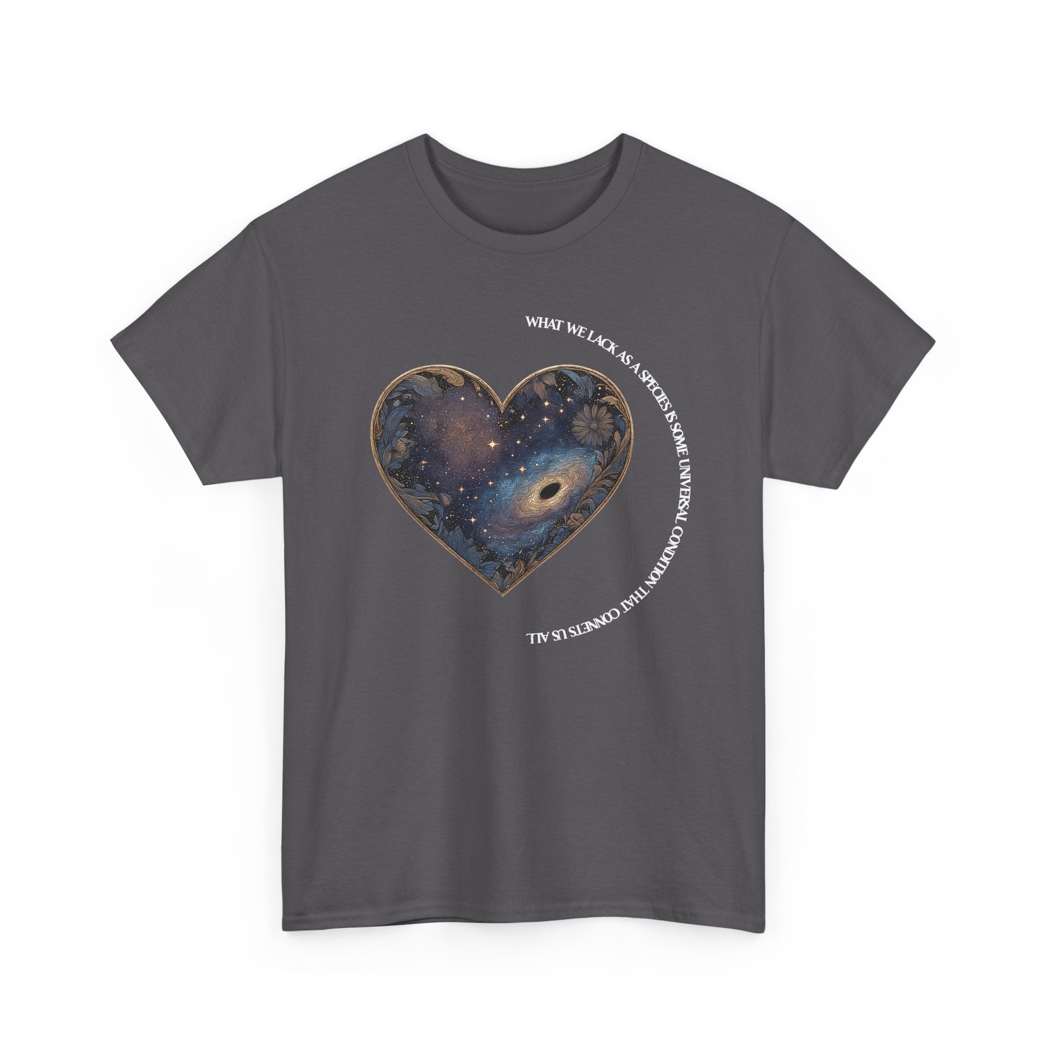 The Very Real Cosmic Connection — Heart Nebula Graphic Tee with White Text