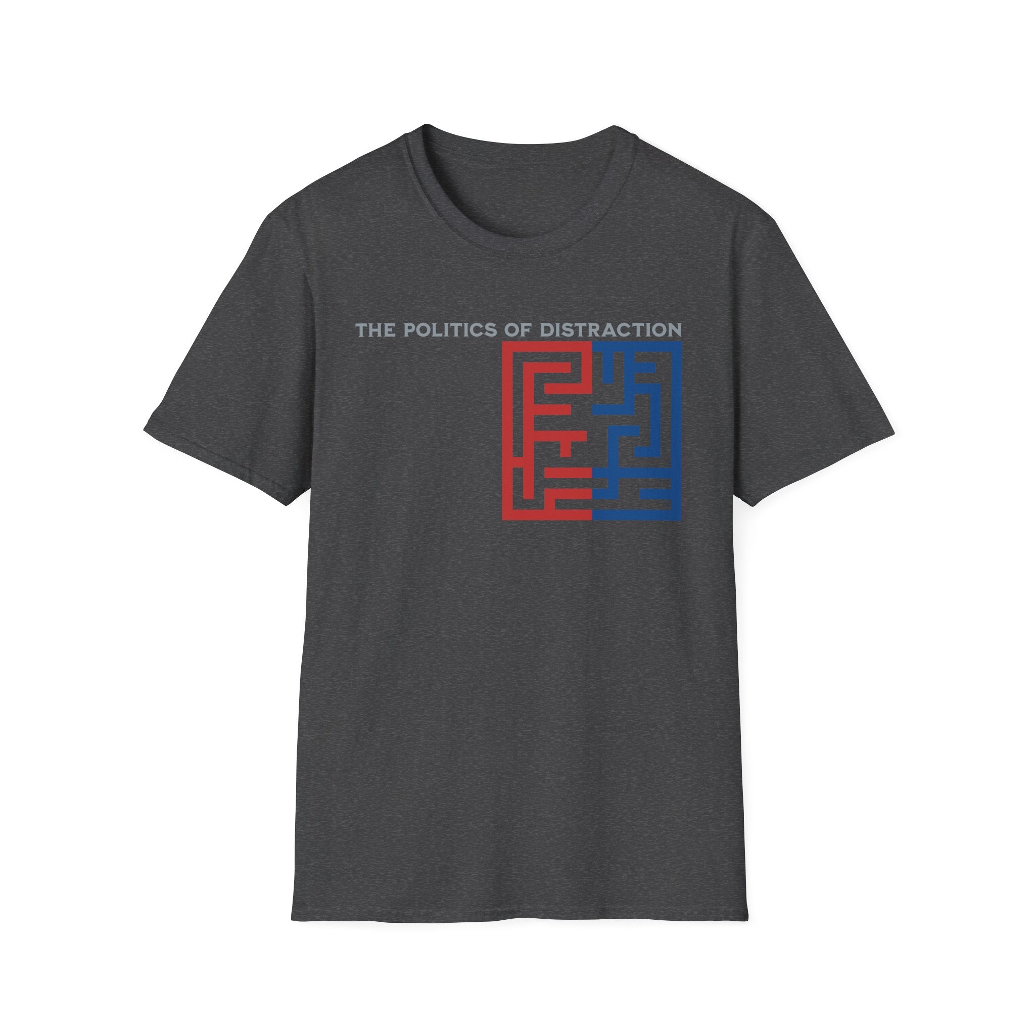 The Politics of Distraction Maze Tee — Red & Blue Graphic T-Shirt