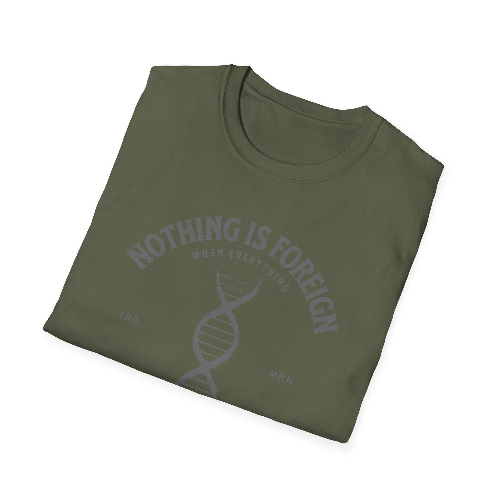 ΩThe End All Of Common Ground - DNA Connected T-Shirt — "Nothing Is Foreign" Illustrated In Gray