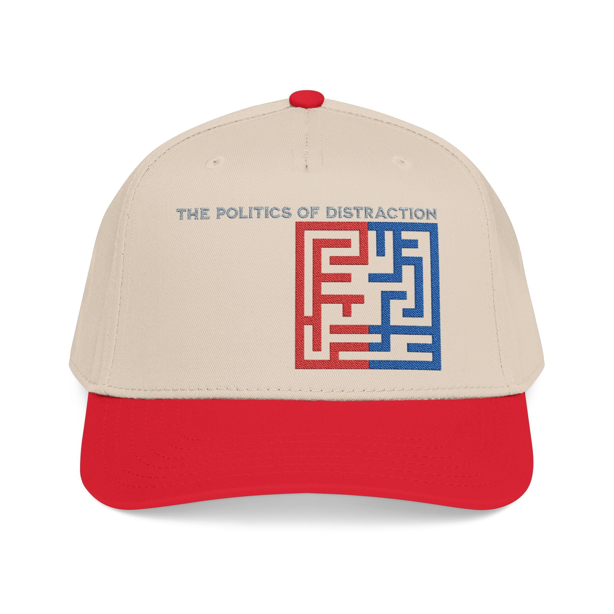 "The Politics Of Distraction" Maze - Mid Profile Baseball Cap — Red & Blue Labyrinth Design