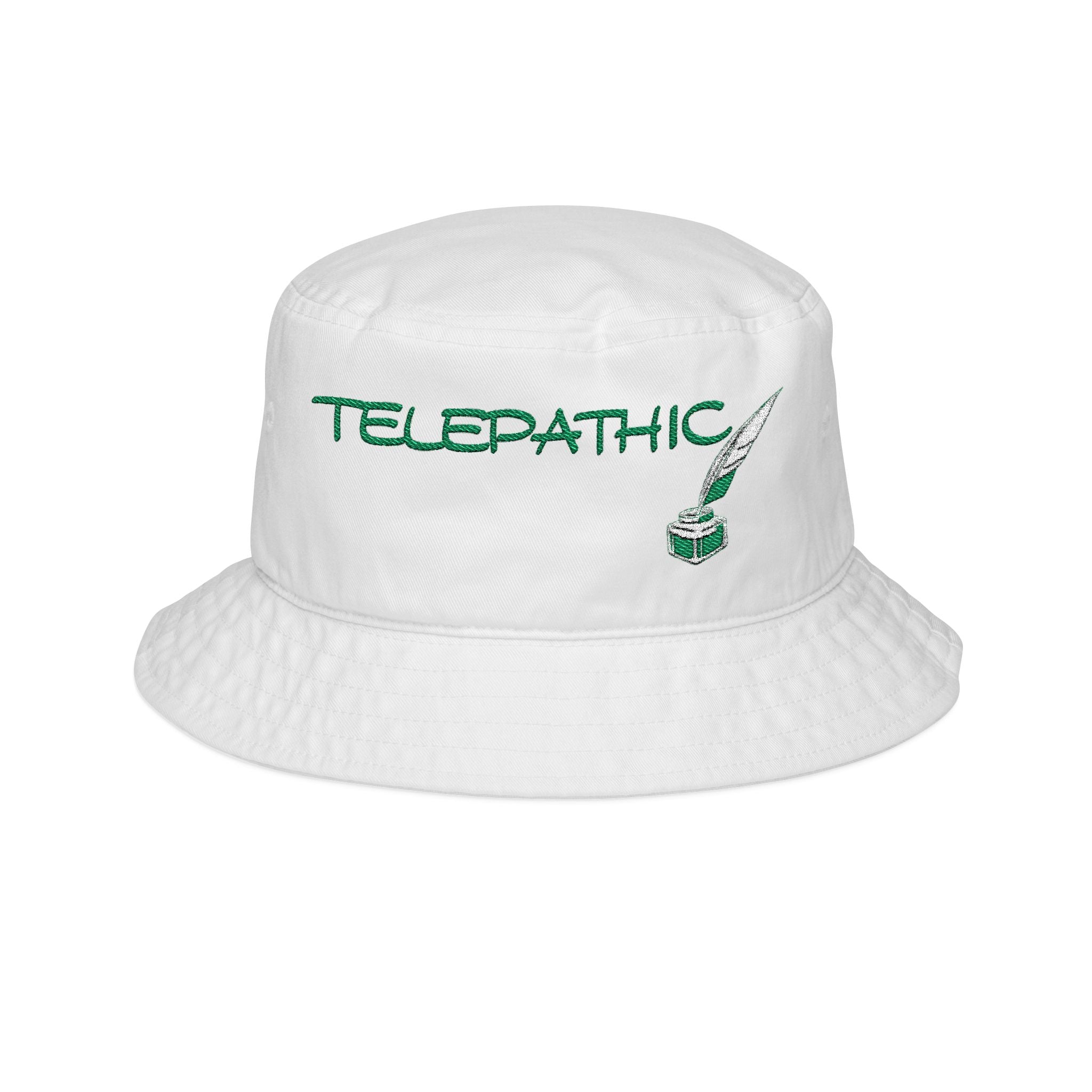 Telepathy Embroidered Bucket Hat — Green Script with Book Icon