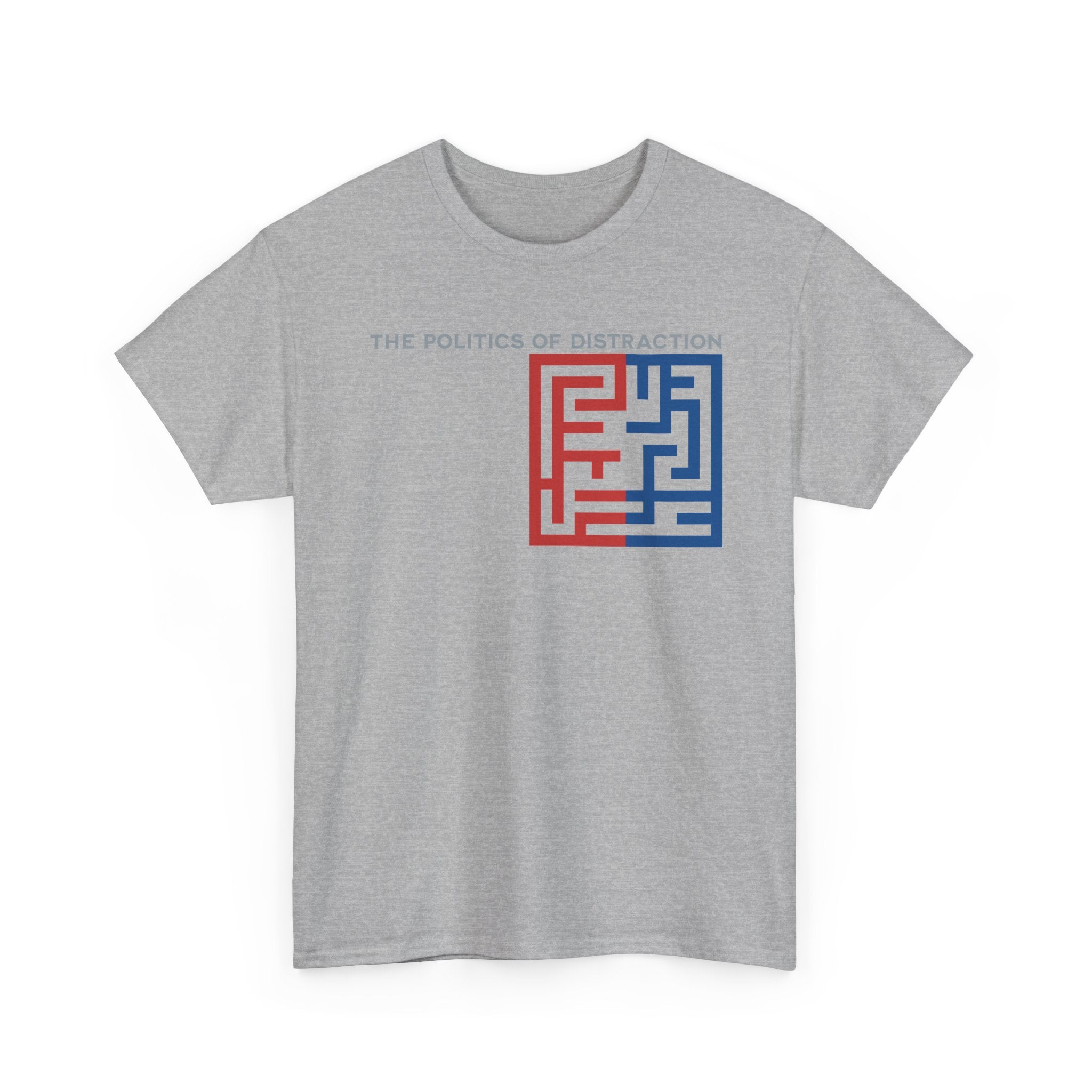The Politics of Distraction Maze Tee — Red & Blue Graphic T-Shirt