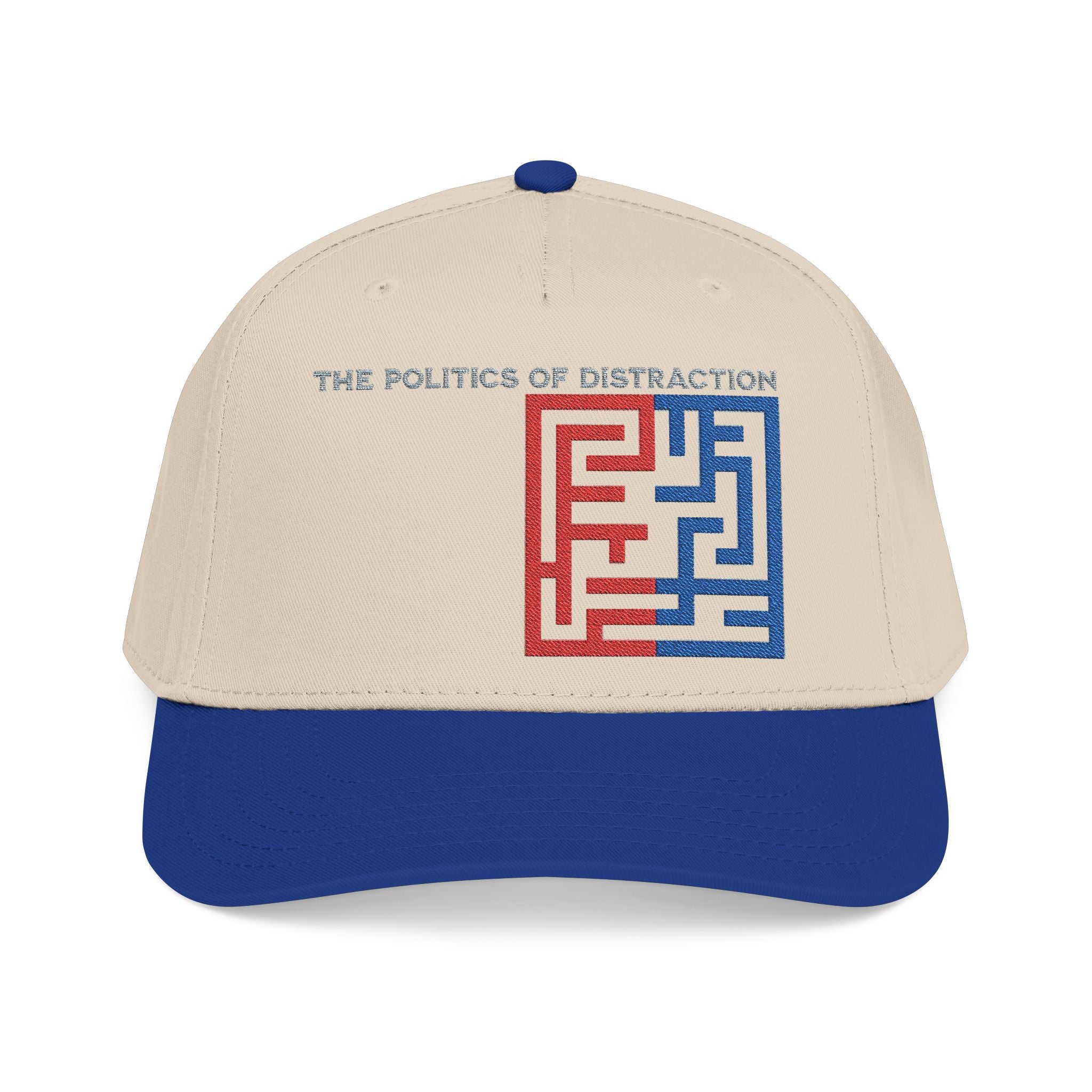 "The Politics Of Distraction" Maze - Mid Profile Baseball Cap — Red & Blue Labyrinth Design