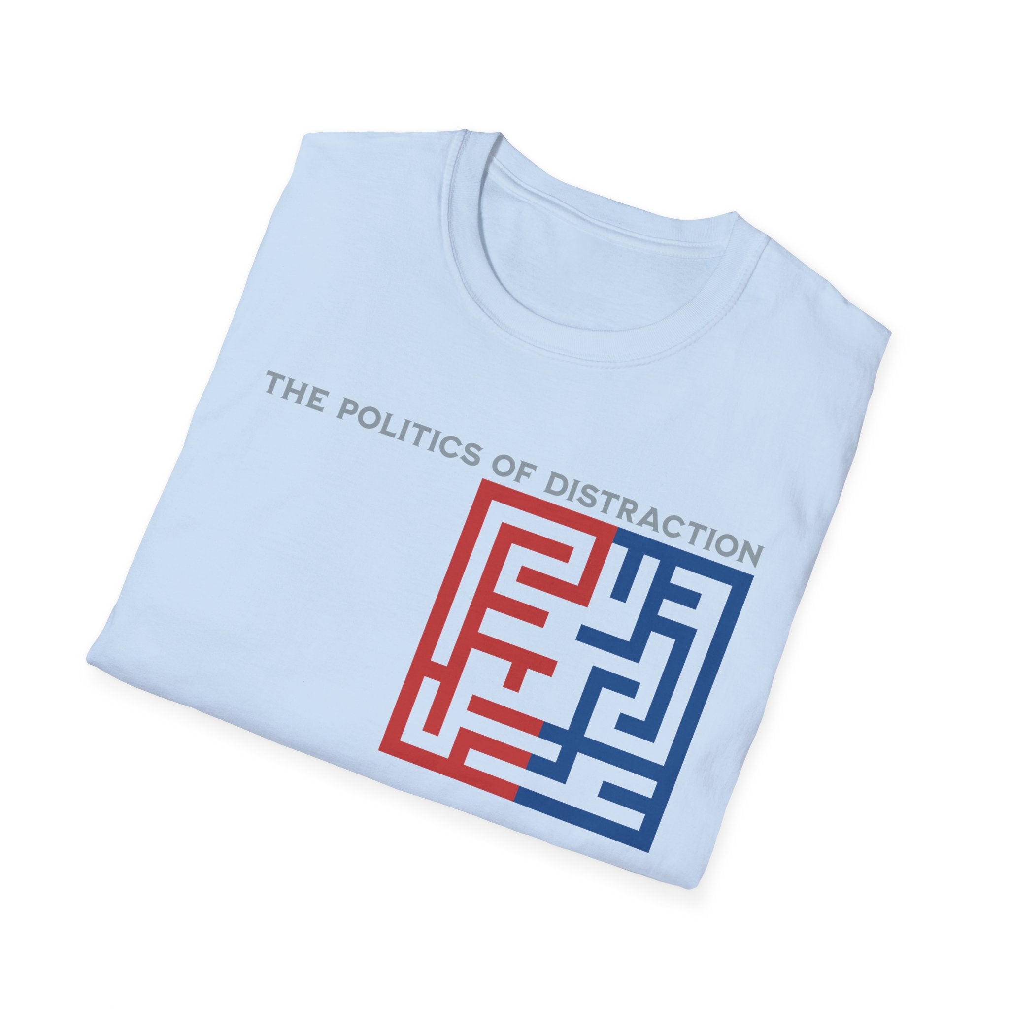 The Politics of Distraction Maze Tee — Red & Blue Graphic T-Shirt
