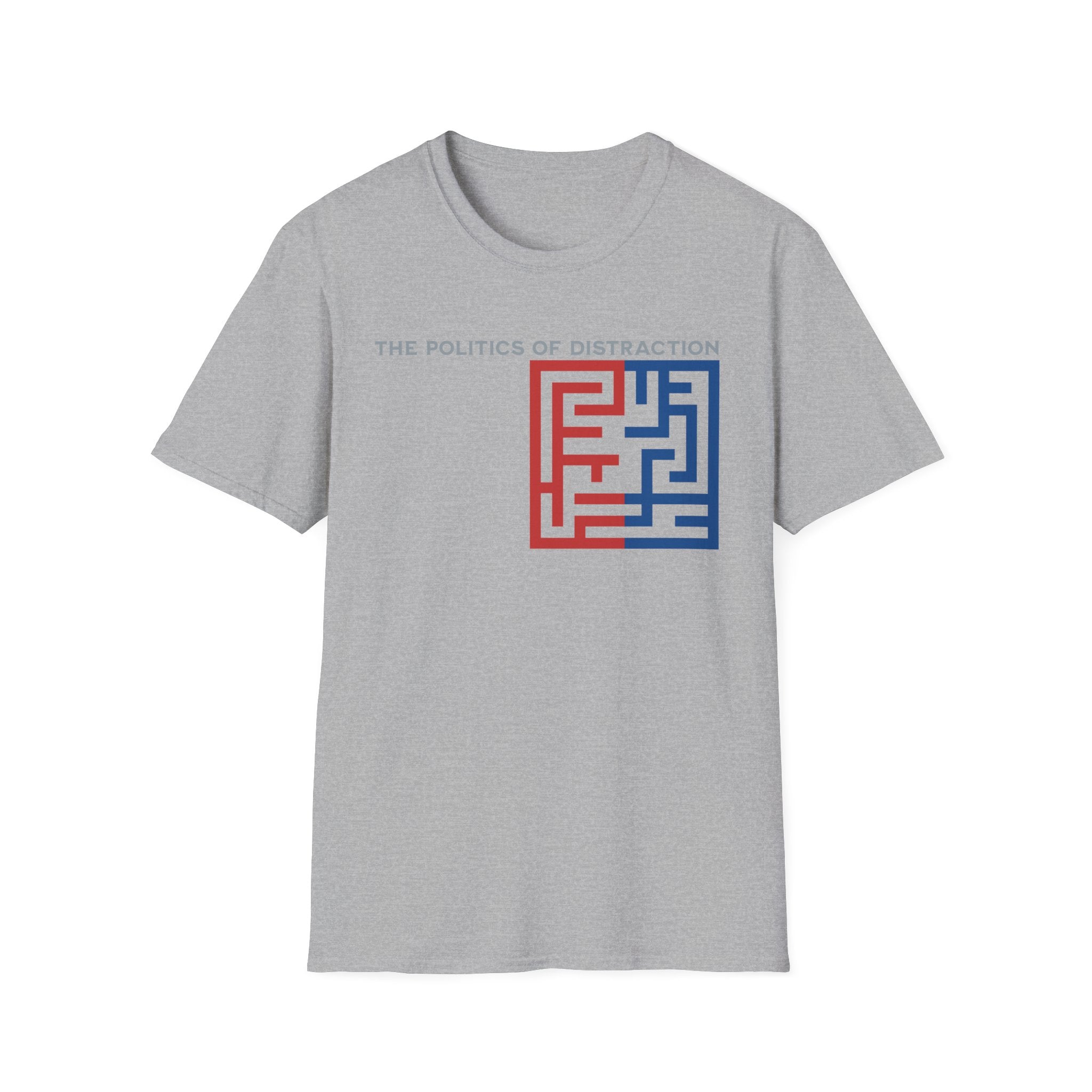 The Politics of Distraction Maze Tee — Red & Blue Graphic T-Shirt