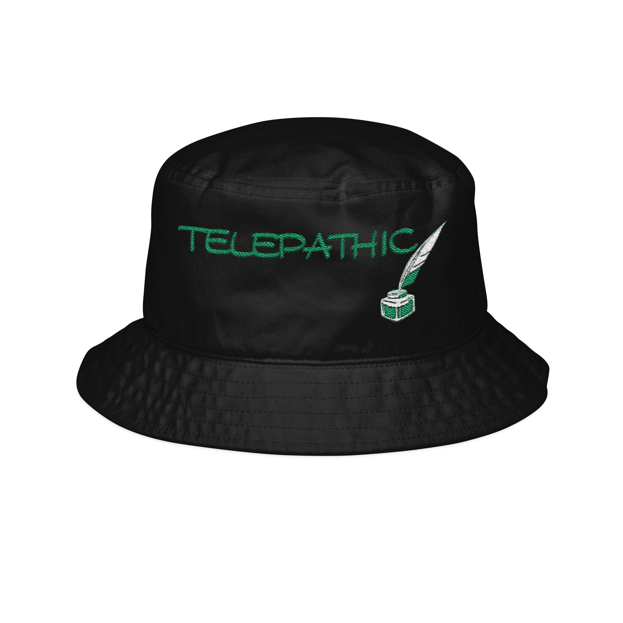 Telepathy Embroidered Bucket Hat — Green Script with Book Icon