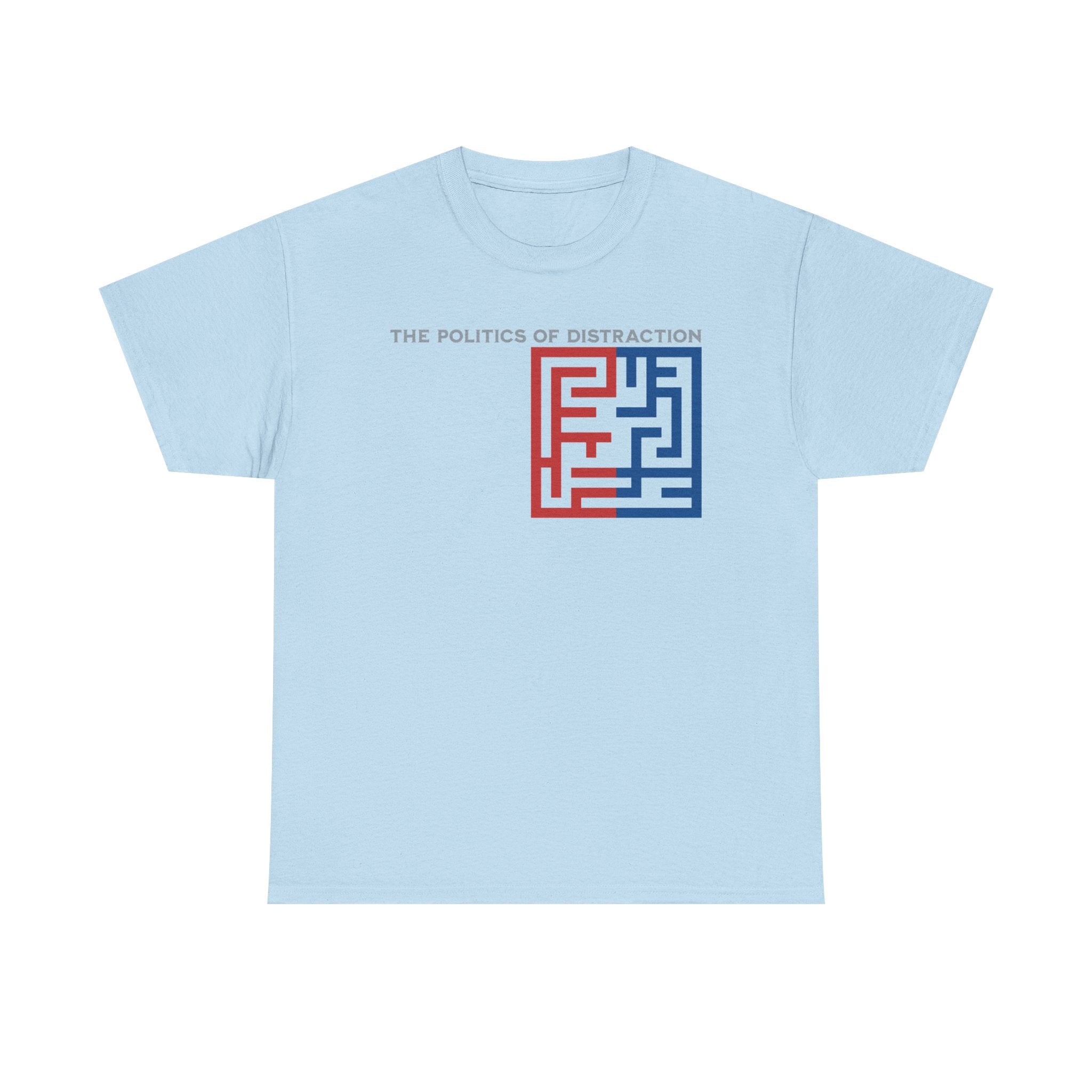 The Politics of Distraction Maze Tee — Red & Blue Graphic T-Shirt