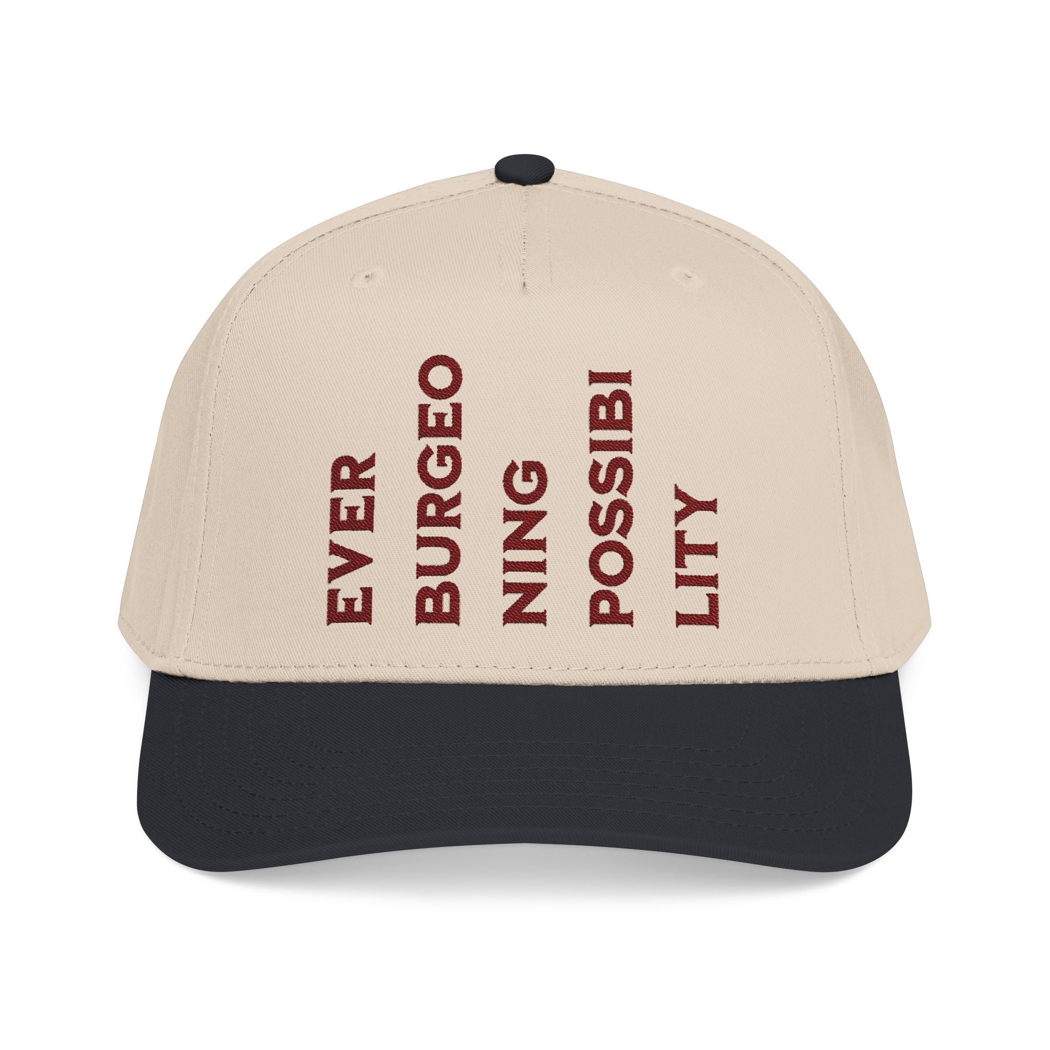 "Ever Burgeoning Possibility" Vertical Text Embroidered Hat