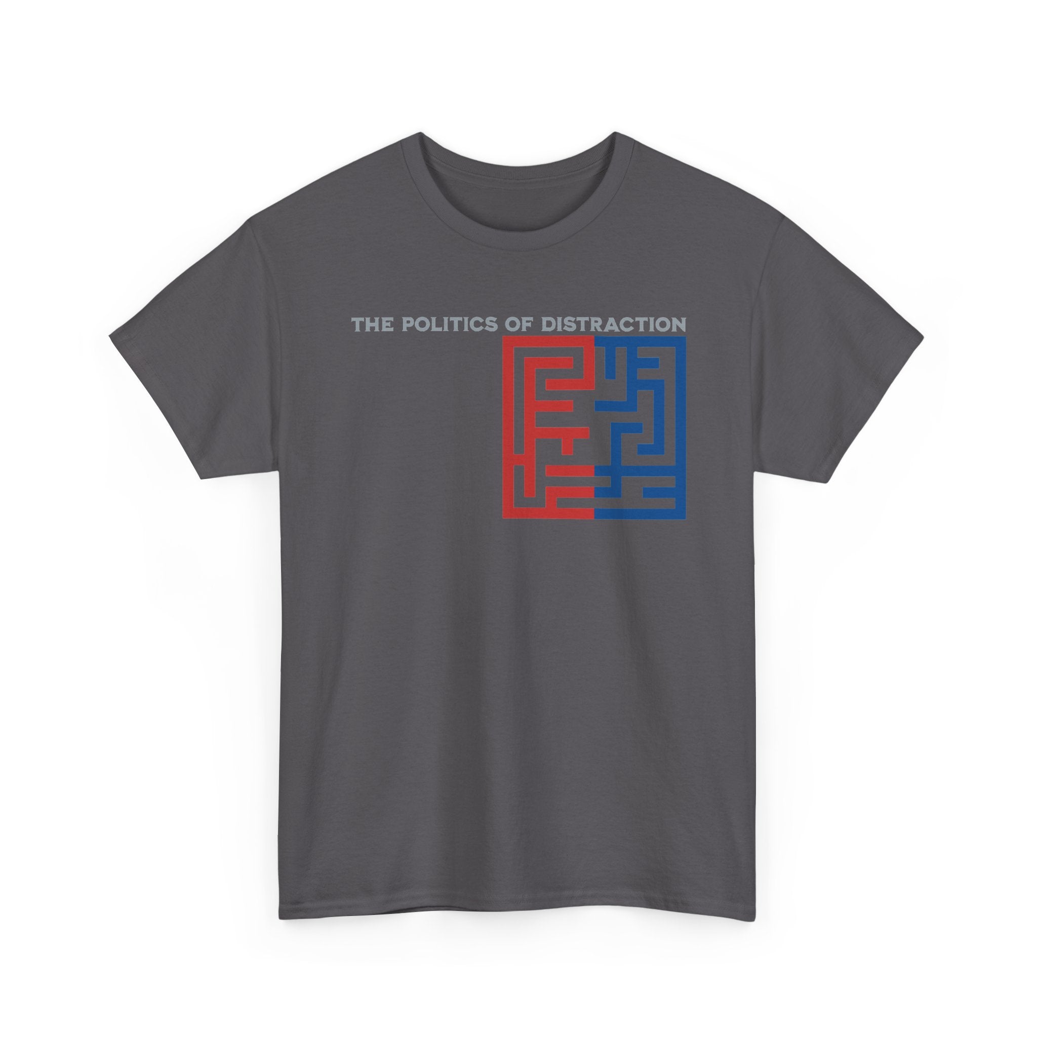The Politics of Distraction Maze Tee — Red & Blue Graphic T-Shirt