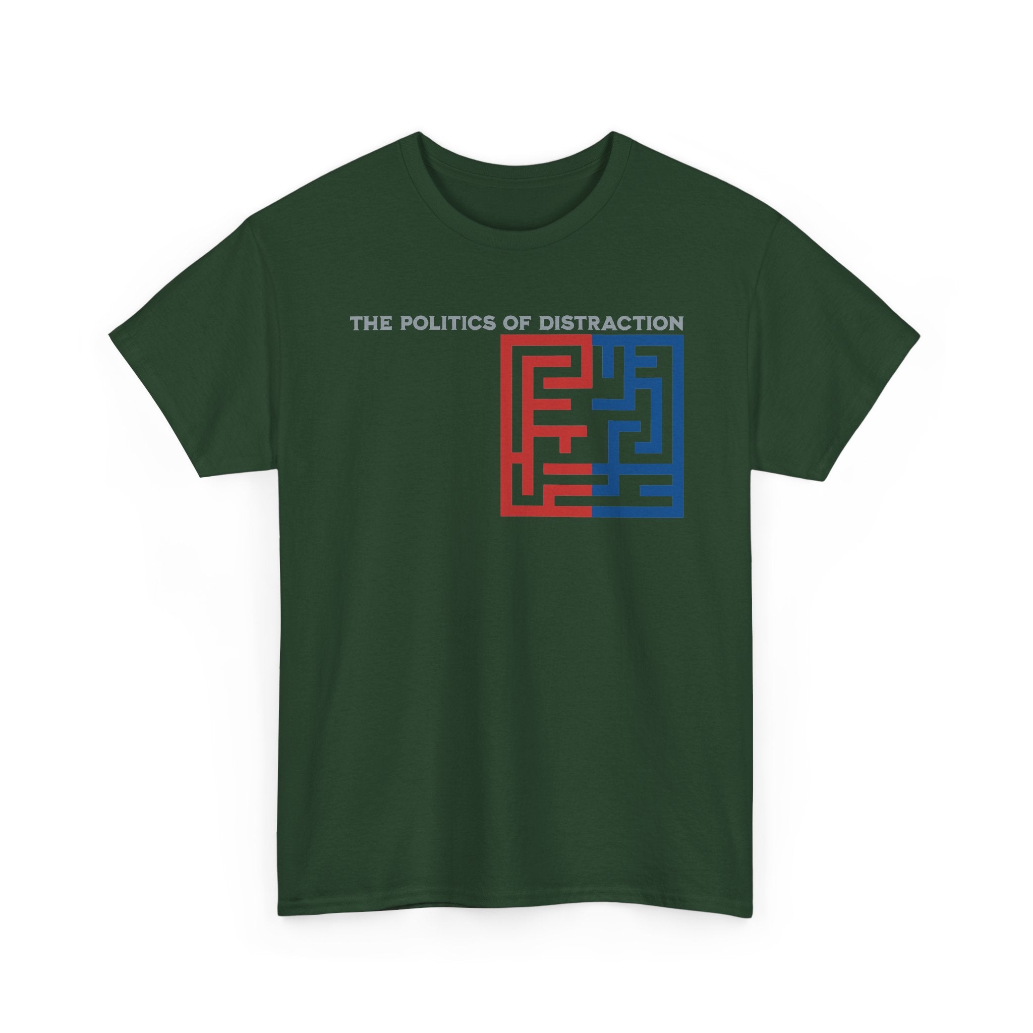 The Politics of Distraction Maze Tee — Red & Blue Graphic T-Shirt