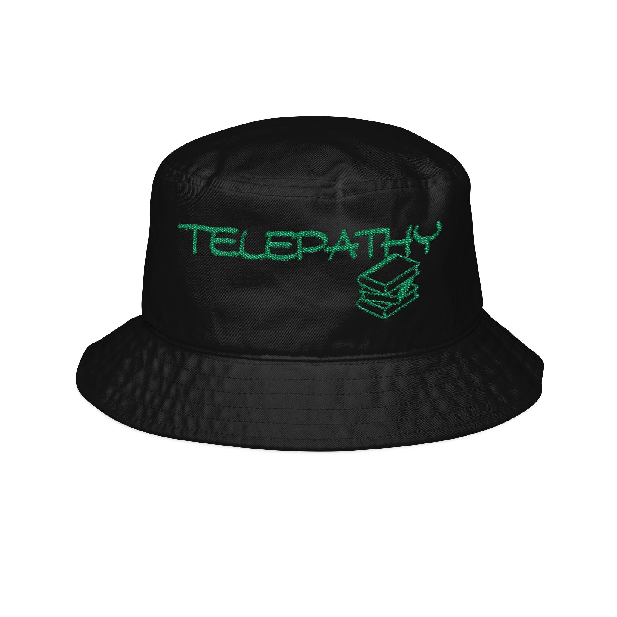 Telepathy Embroidered Bucket Hat — Green Script with Book Icon