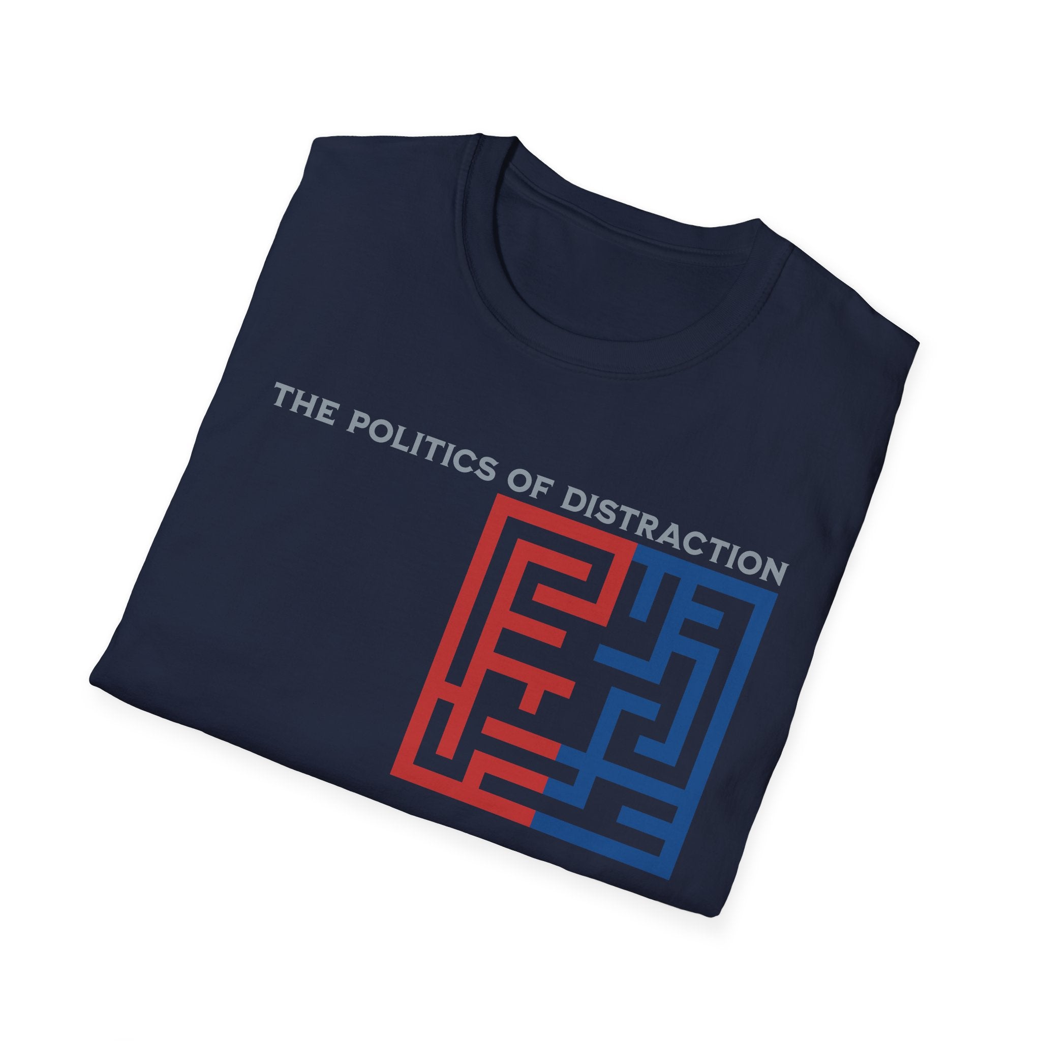 The Politics of Distraction Maze Tee — Red & Blue Graphic T-Shirt