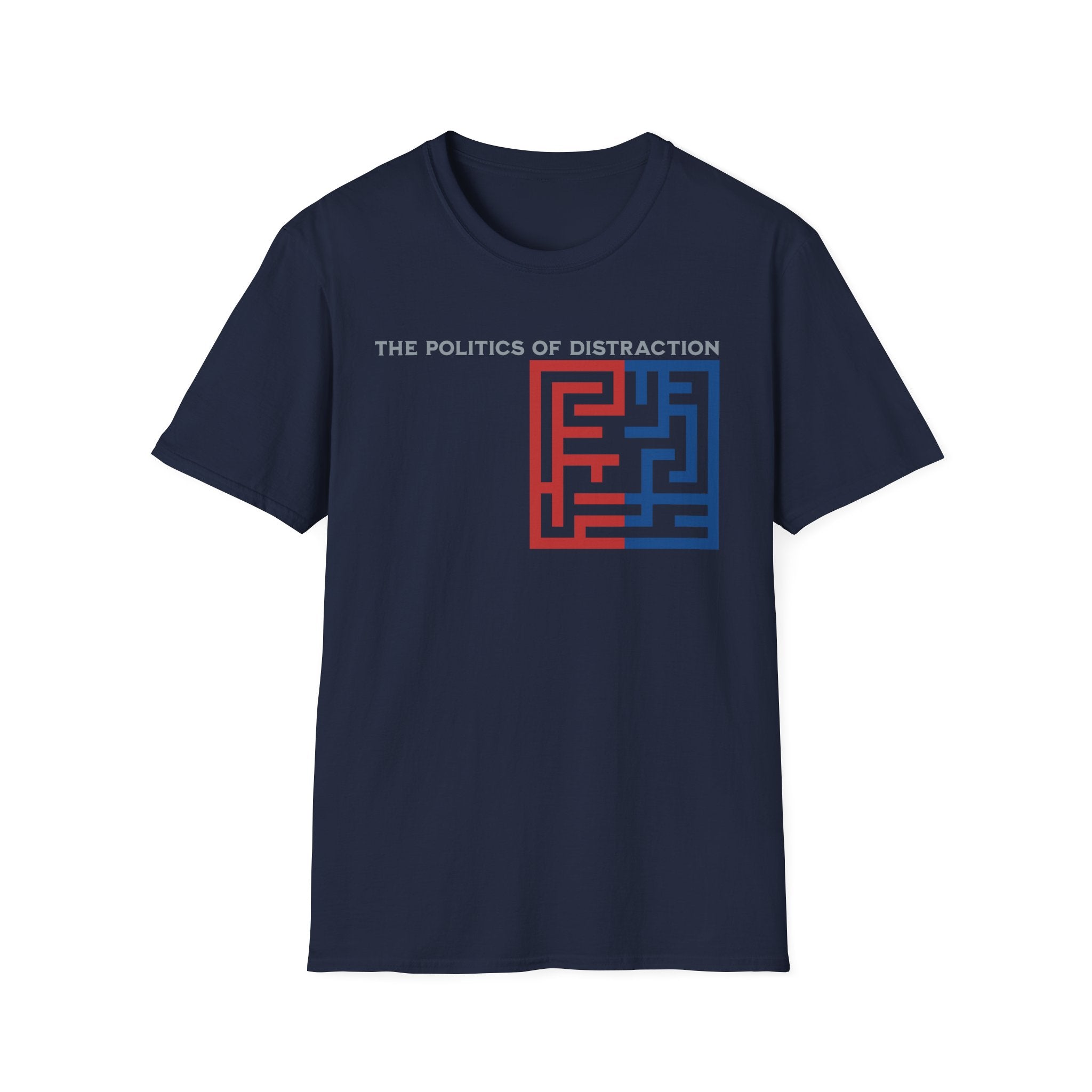 The Politics of Distraction Maze Tee — Red & Blue Graphic T-Shirt
