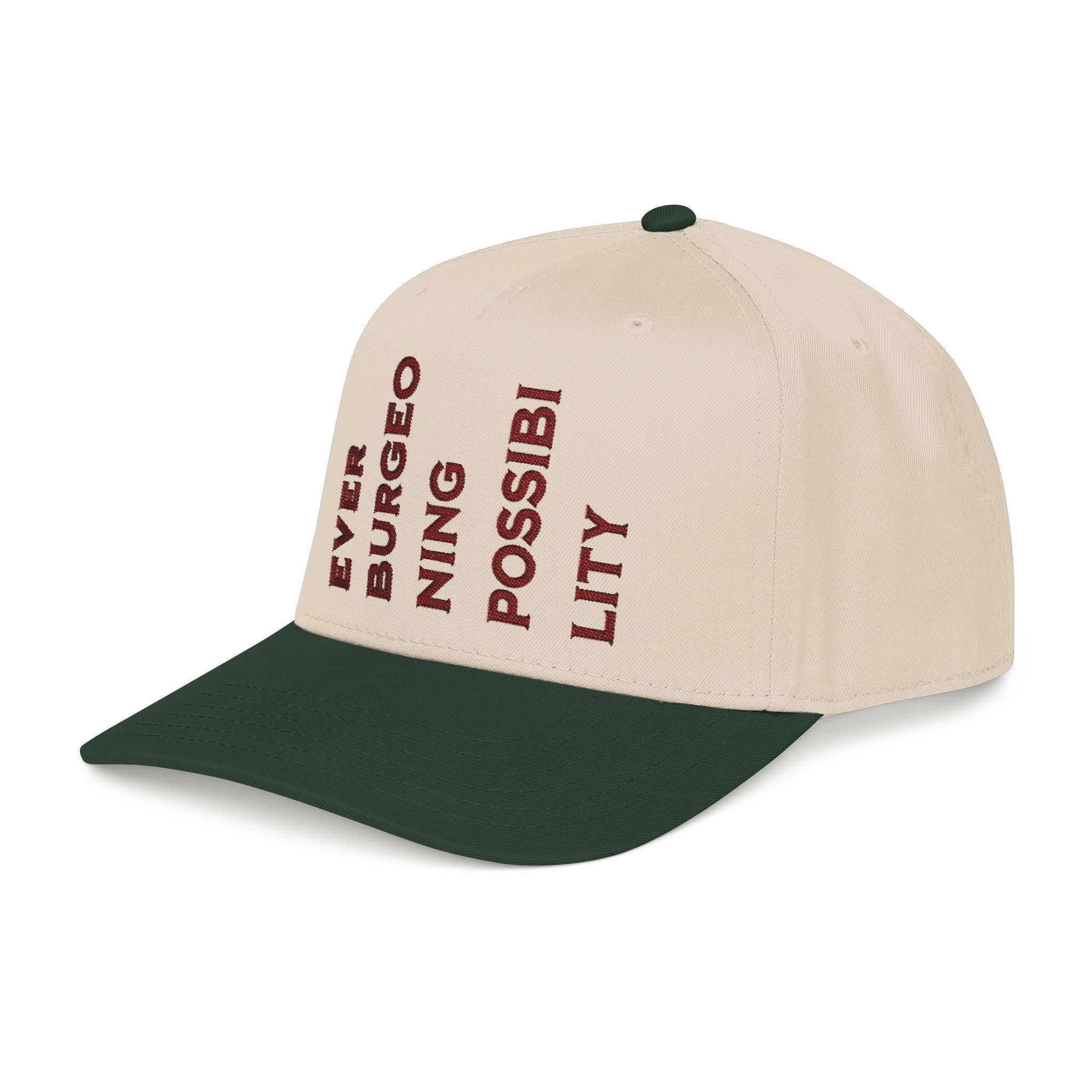 "Ever Burgeoning Possibility" Vertical Text Embroidered Hat