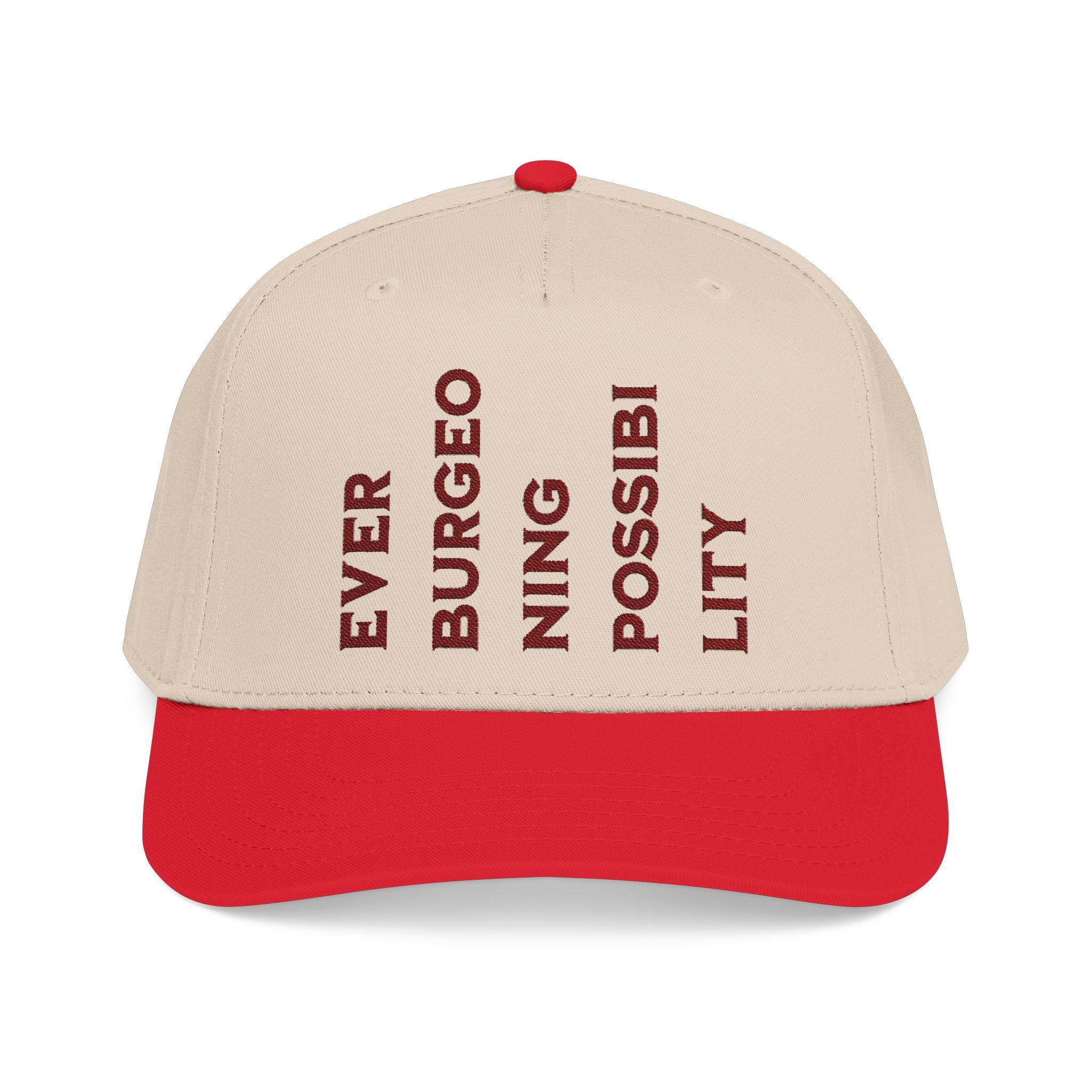 "Ever Burgeoning Possibility" Vertical Text Embroidered Hat