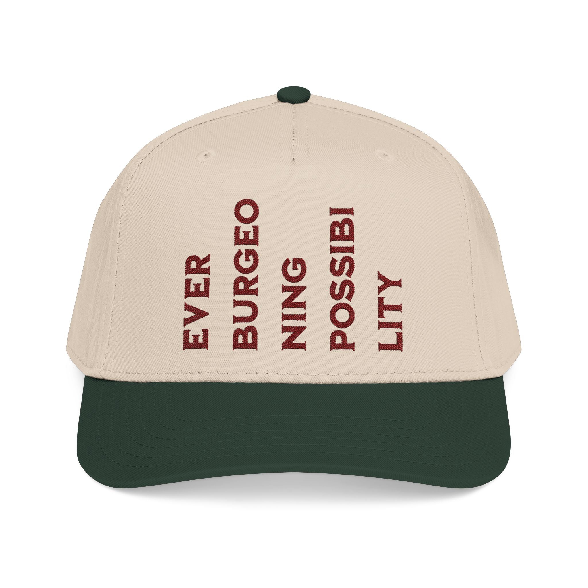 "Ever Burgeoning Possibility" Vertical Text Embroidered Hat