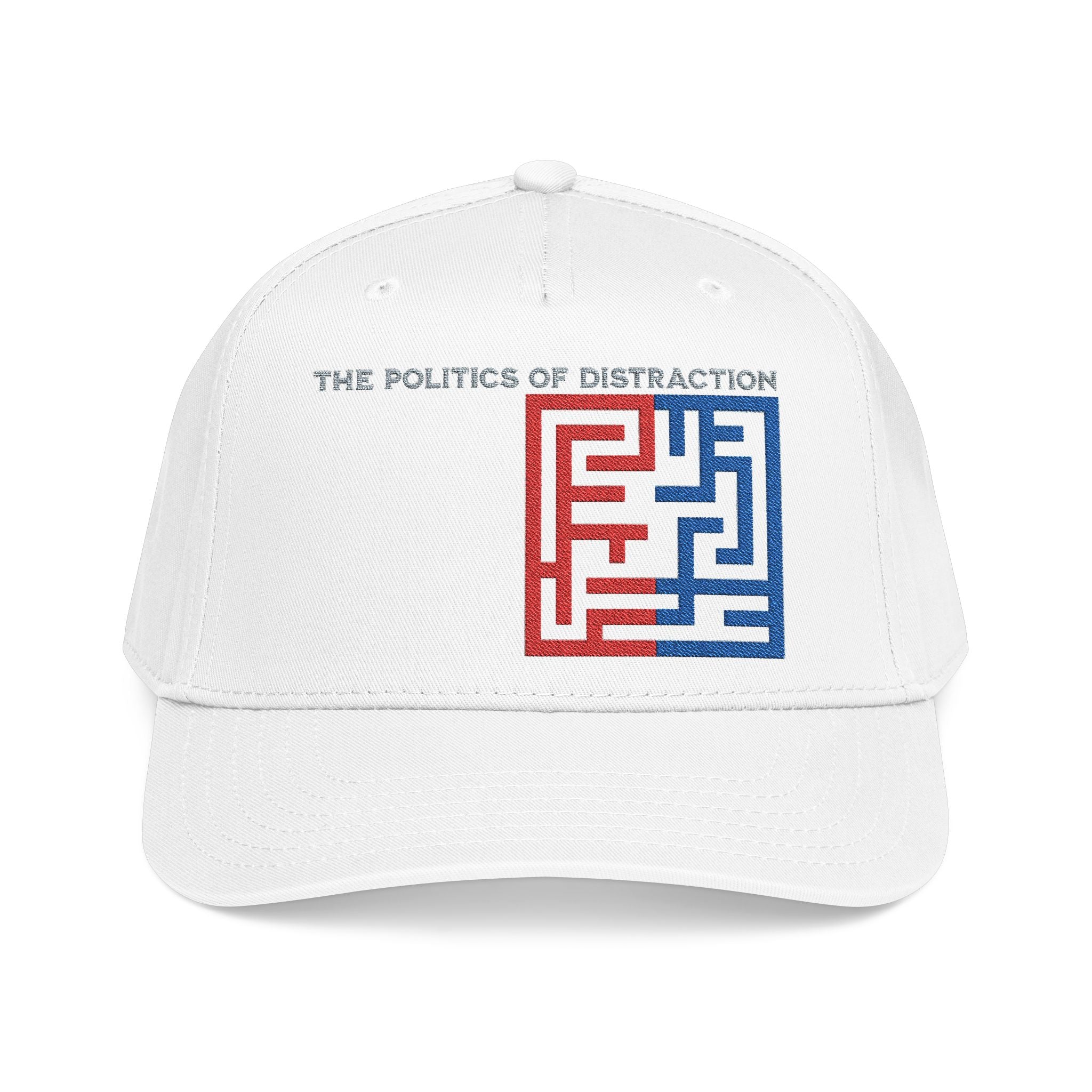 "The Politics Of Distraction" Maze - Mid Profile Baseball Cap — Red & Blue Labyrinth Design
