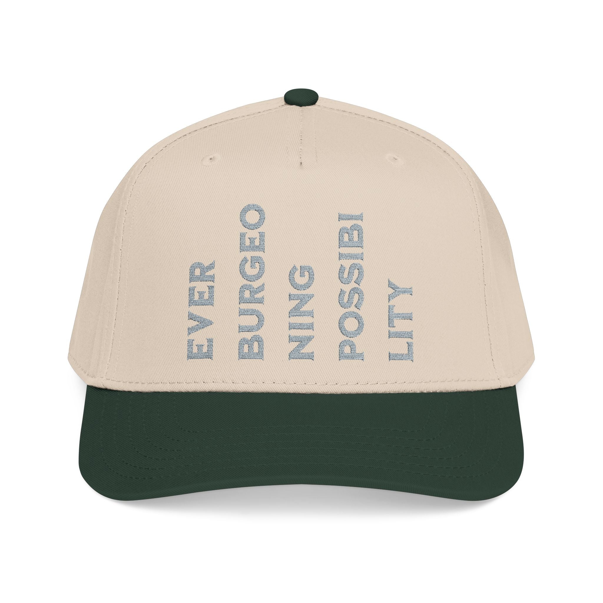 "Ever Burgeoning Possibility" Vertical Text Embroidered Hat