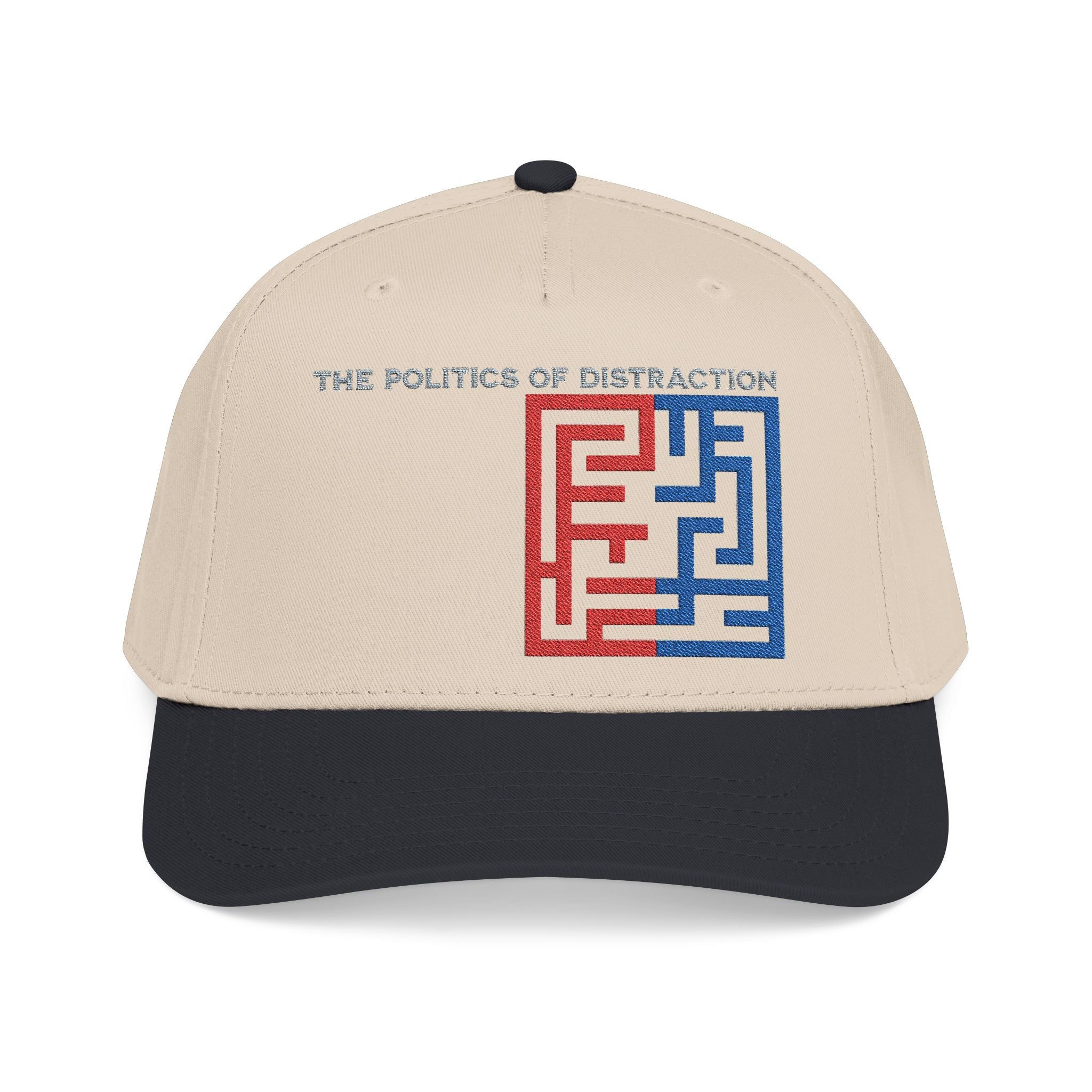 "The Politics Of Distraction" Maze - Mid Profile Baseball Cap — Red & Blue Labyrinth Design