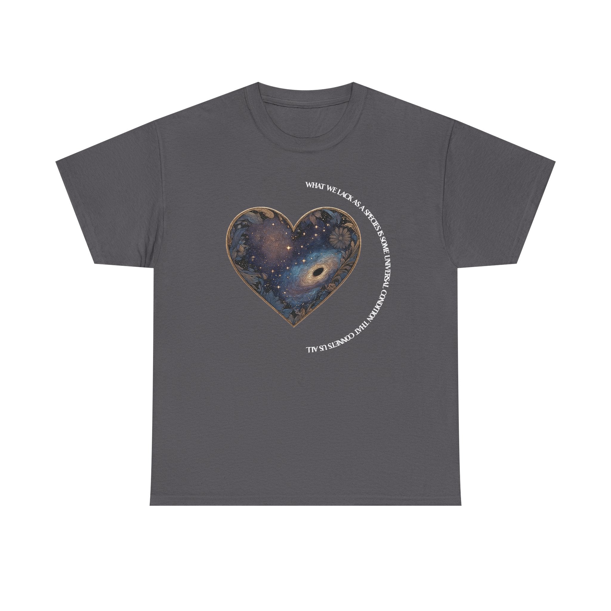 The Very Real Cosmic Connection — Heart Nebula Graphic Tee with White Text