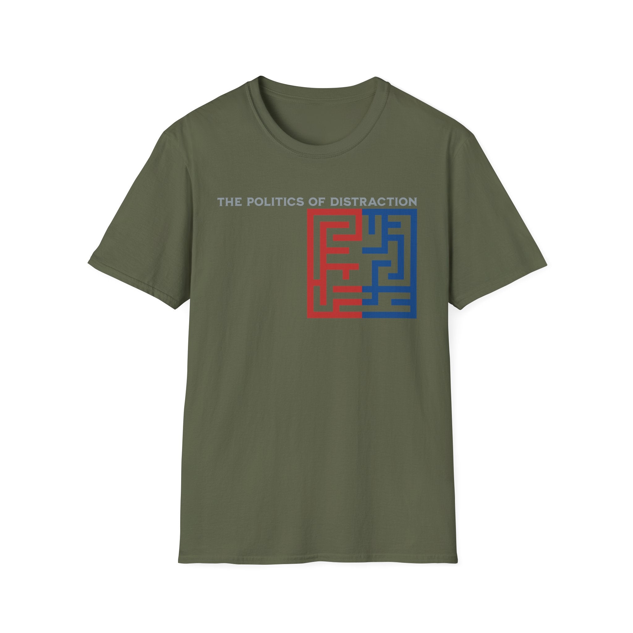 The Politics of Distraction Maze Tee — Red & Blue Graphic T-Shirt